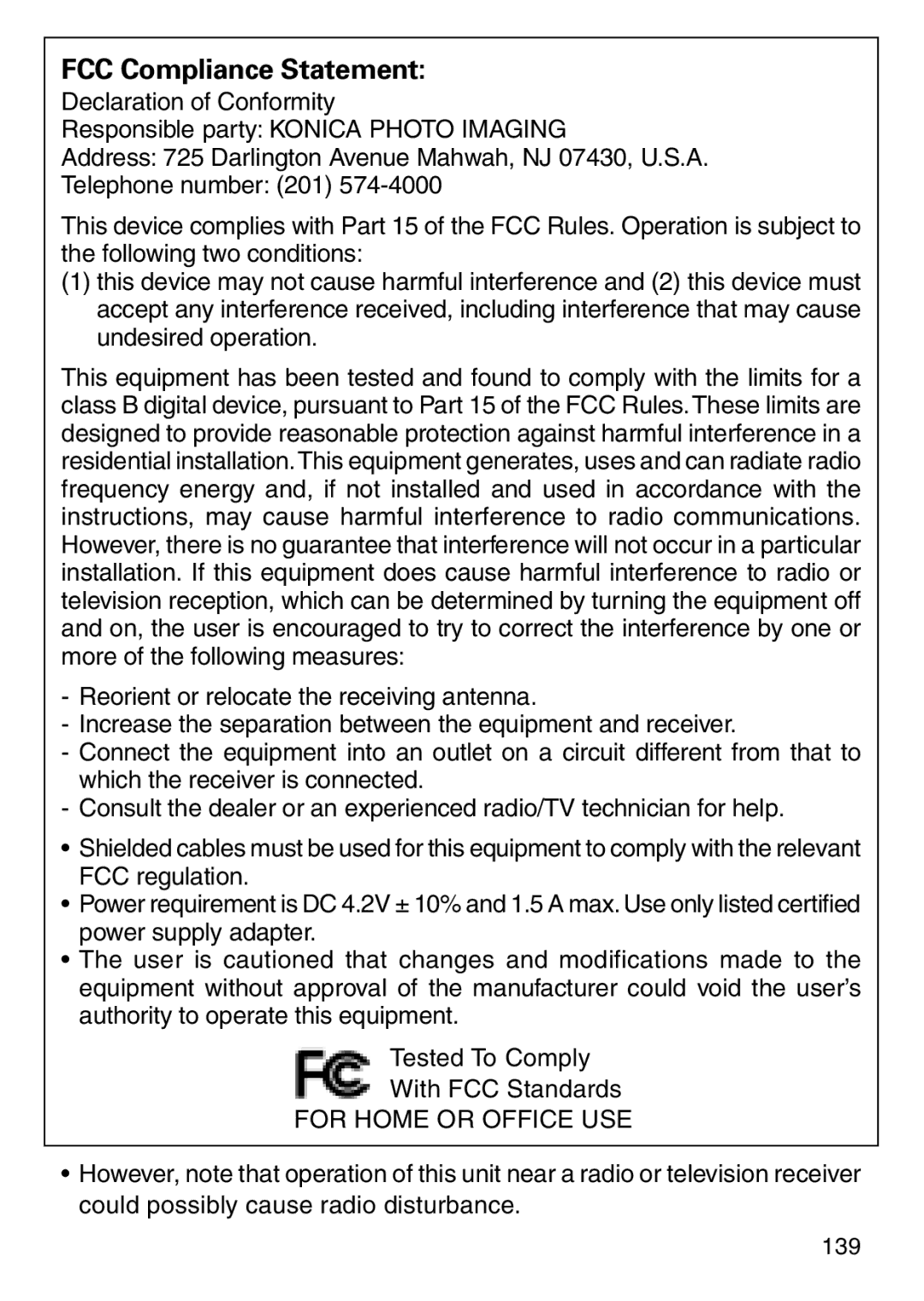 Konica Minolta KD-420Z user manual FCC Compliance Statement, For Home or Office USE 