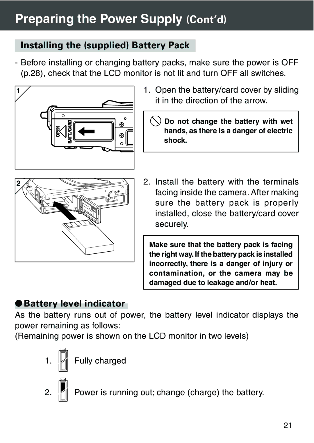 Konica Minolta KD-420Z Preparing the Power Supply Cont’d, Installing the supplied Battery Pack, Battery level indicator 