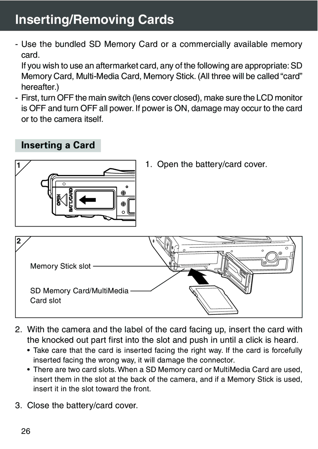 Konica Minolta KD-420Z user manual Inserting/Removing Cards, Inserting a Card, Open the battery/card cover 