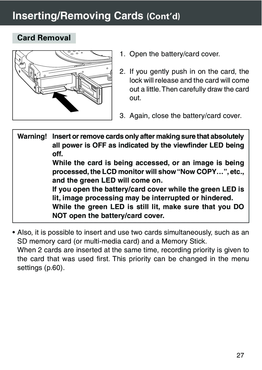 Konica Minolta KD-420Z user manual Inserting/Removing Cards Cont’d, Card Removal 