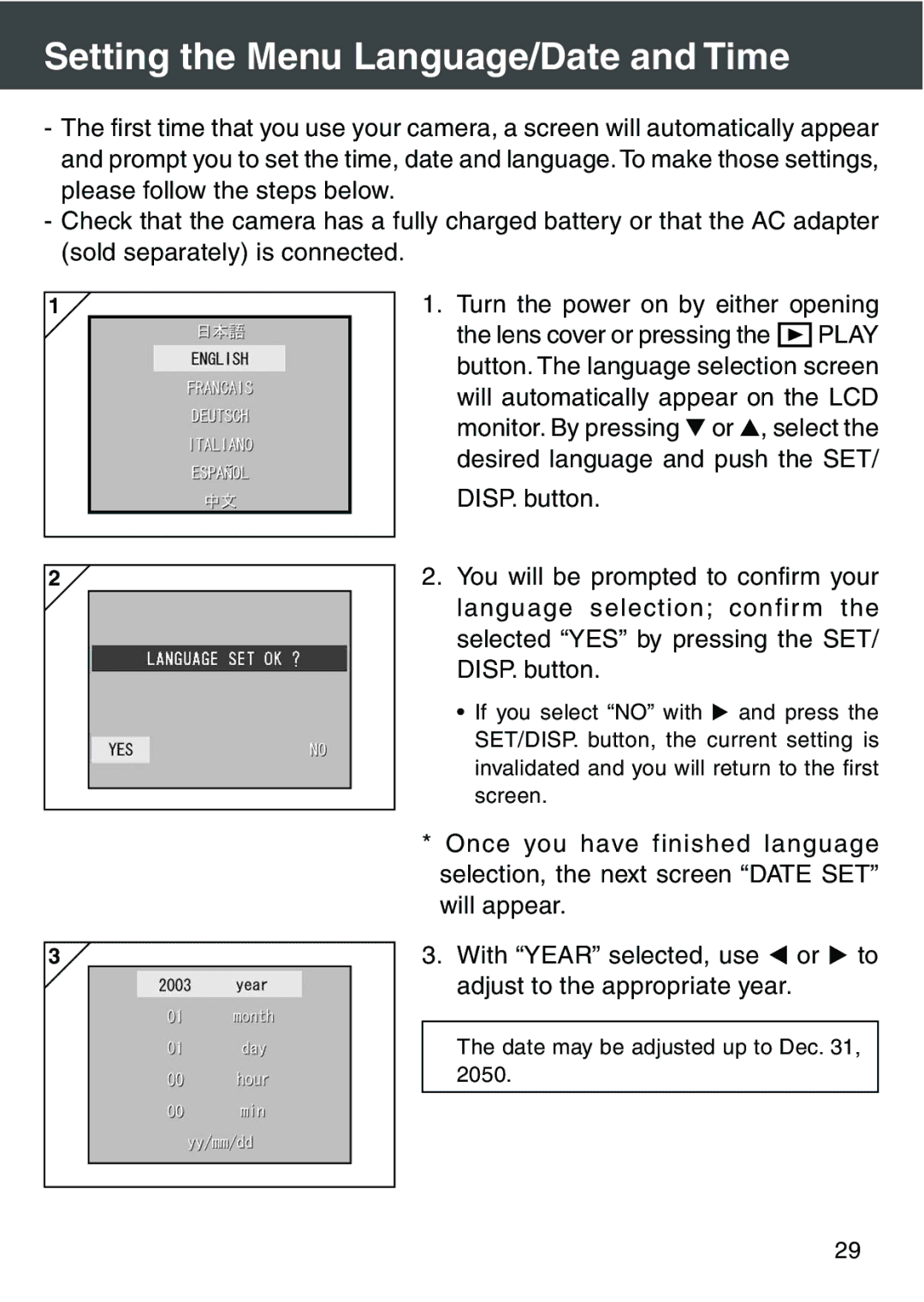 Konica Minolta KD-420Z user manual Setting the Menu Language/Date and Time 