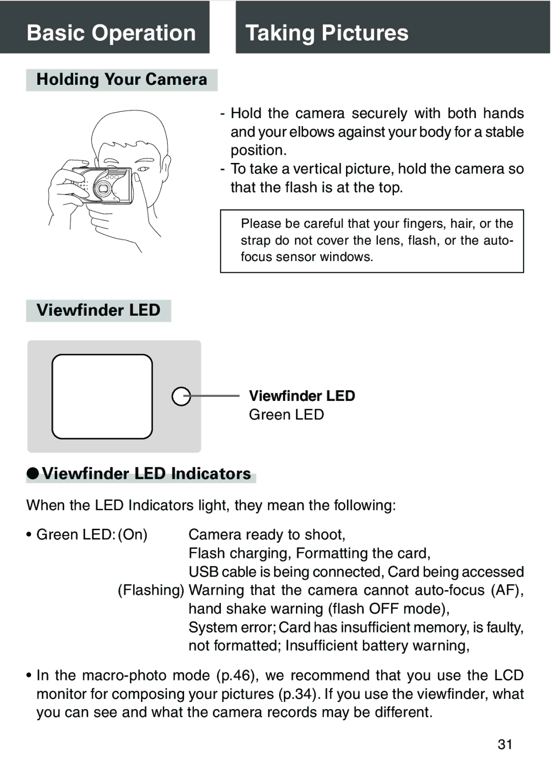 Konica Minolta KD-420Z user manual Basic Operation Taking Pictures, Holding Your Camera, Viewfinder LED Indicators 