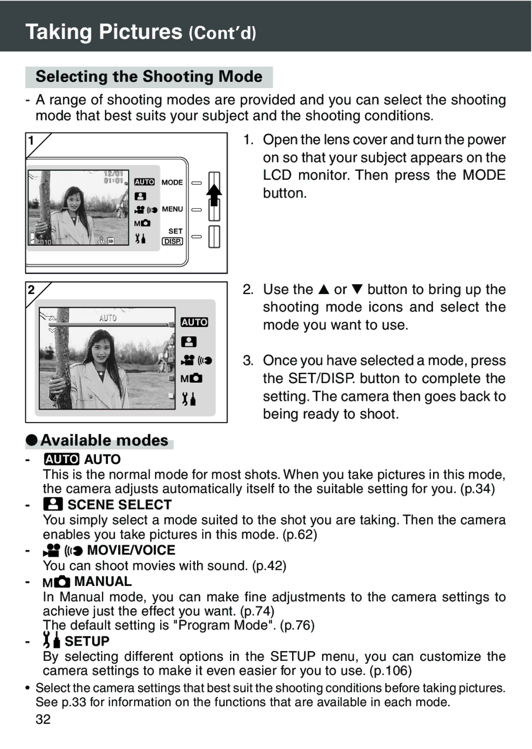 Konica Minolta KD-420Z user manual Taking Pictures Cont’d, Selecting the Shooting Mode, Available modes, Auto 