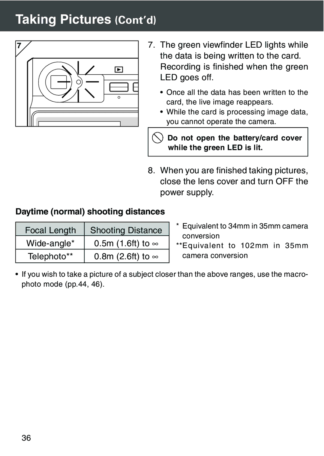 Konica Minolta KD-420Z user manual Telephoto, Daytime normal shooting distances 