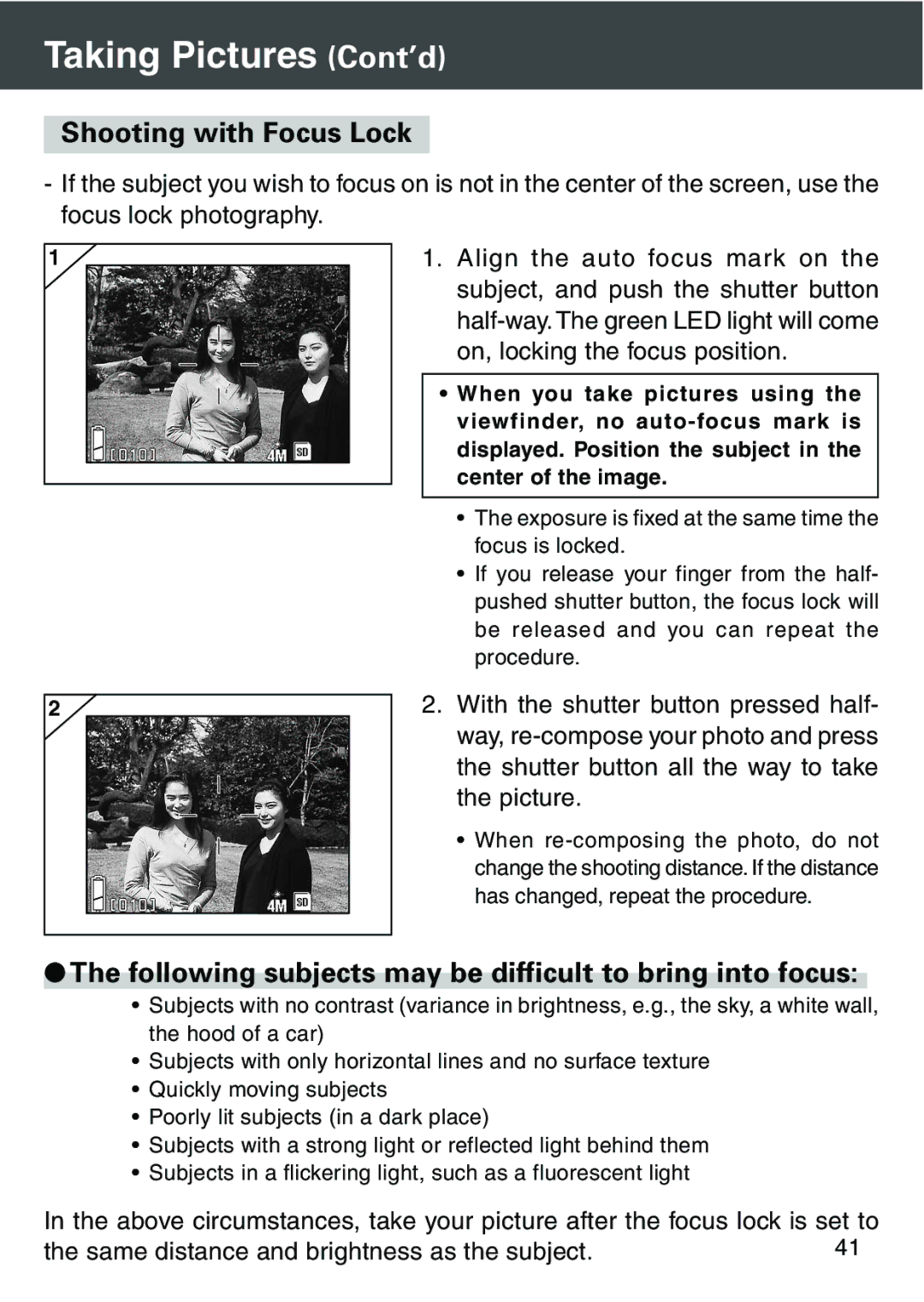 Konica Minolta KD-420Z user manual Shooting with Focus Lock, Following subjects may be difficult to bring into focus 