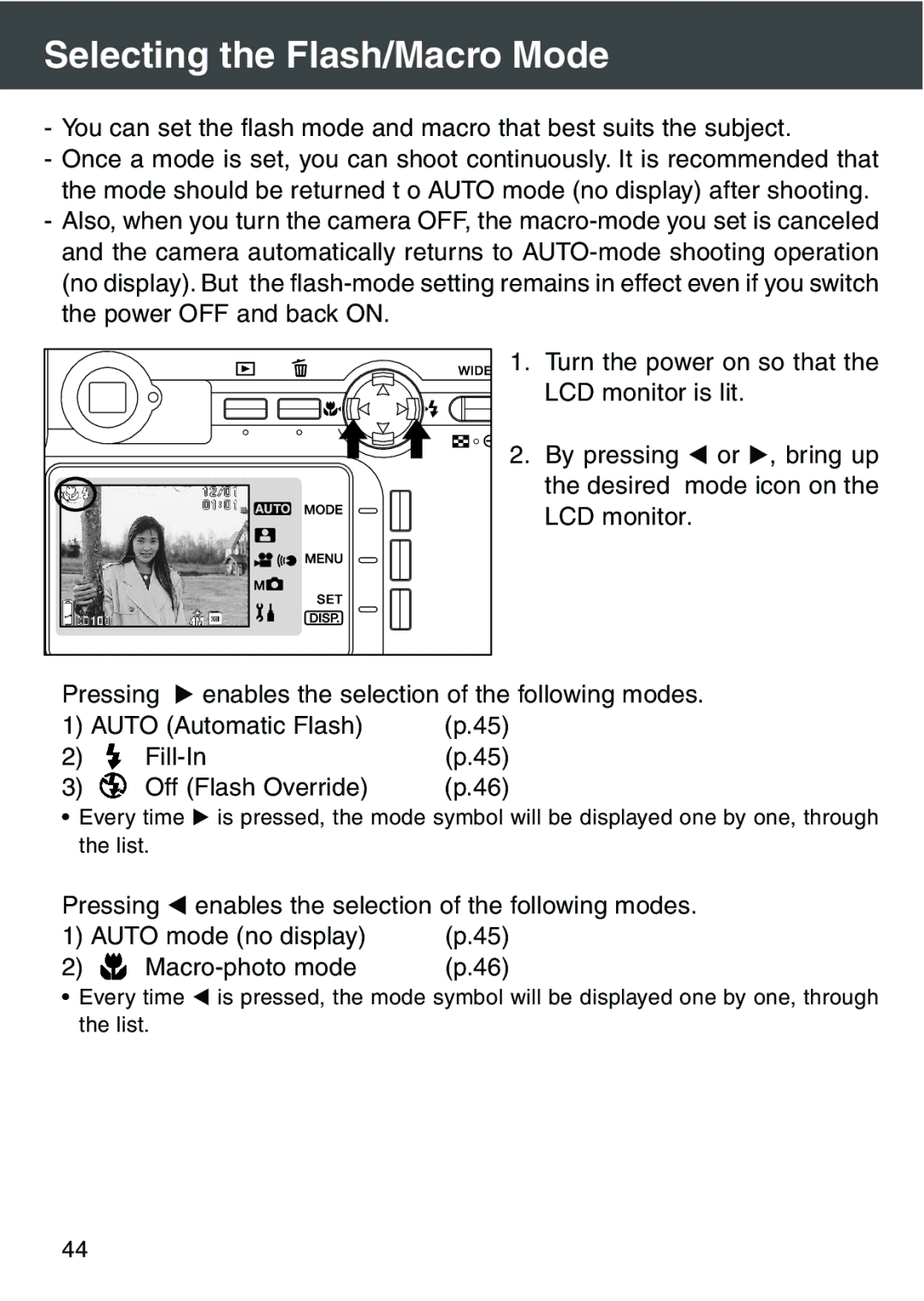 Konica Minolta KD-420Z user manual Selecting the Flash/Macro Mode 