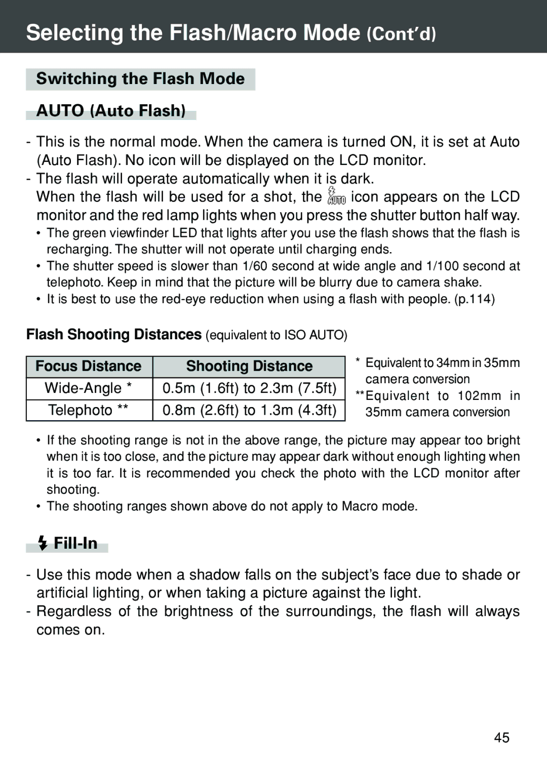 Konica Minolta KD-420Z user manual Selecting the Flash/Macro Mode Cont’d, Switching the Flash Mode Auto Auto Flash, Fill-In 