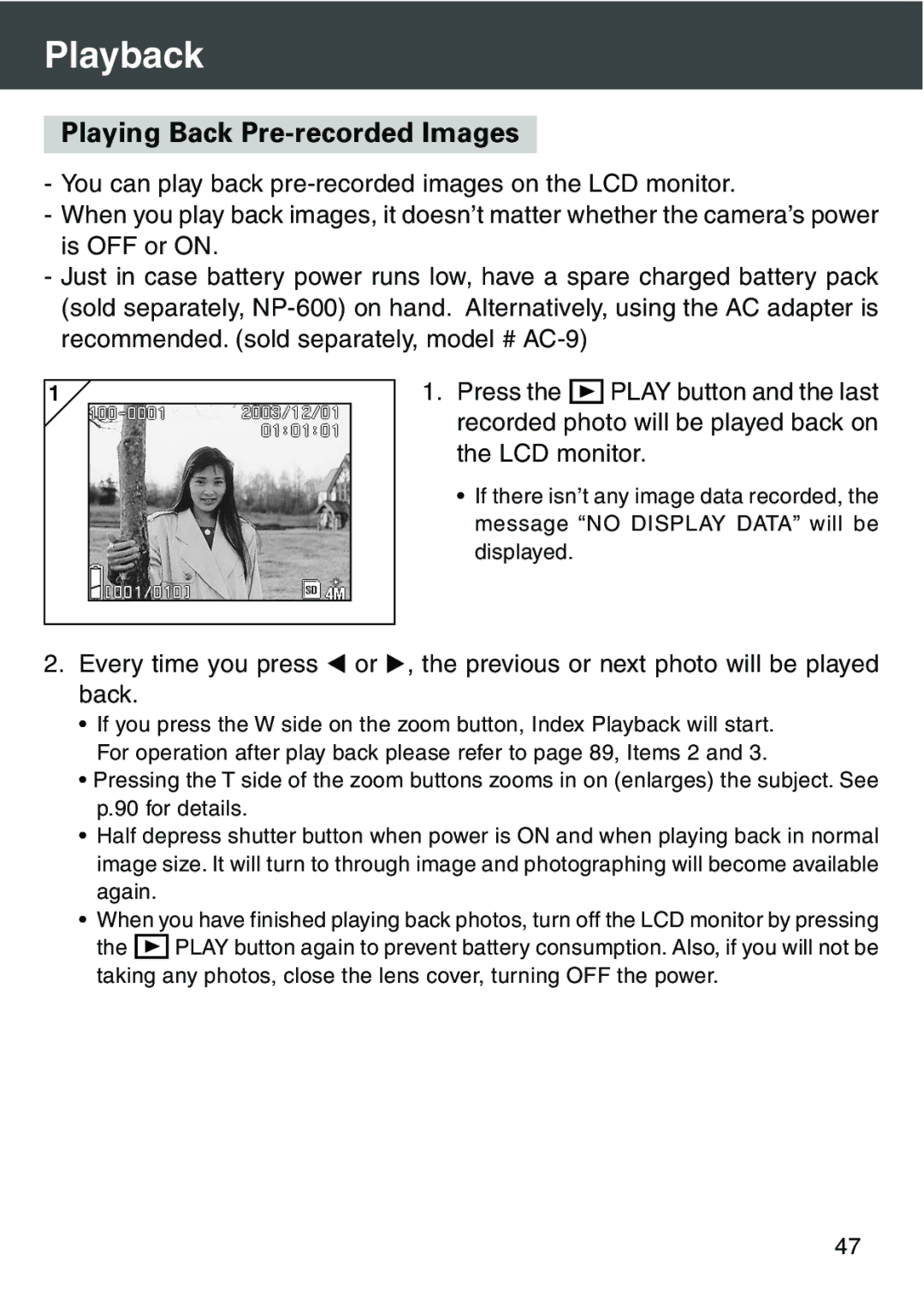 Konica Minolta KD-420Z user manual Playback, Playing Back Pre-recorded Images 