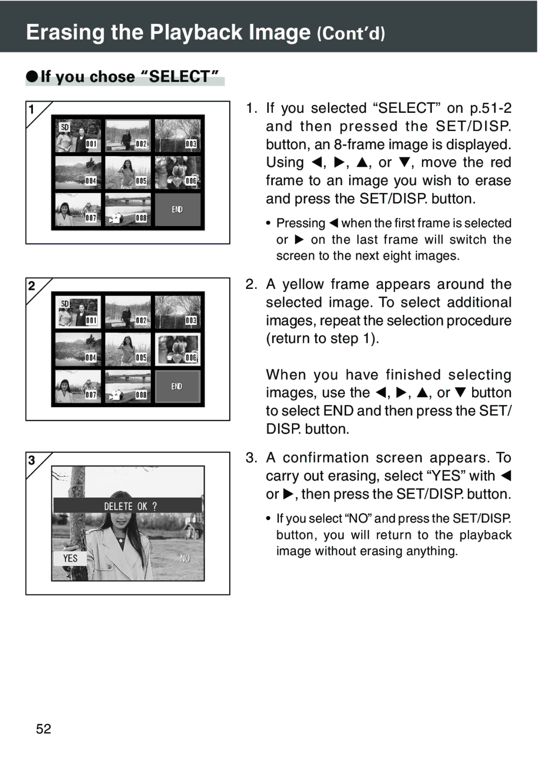 Konica Minolta KD-420Z user manual Erasing the Playback Image Cont’d, If you chose Select 