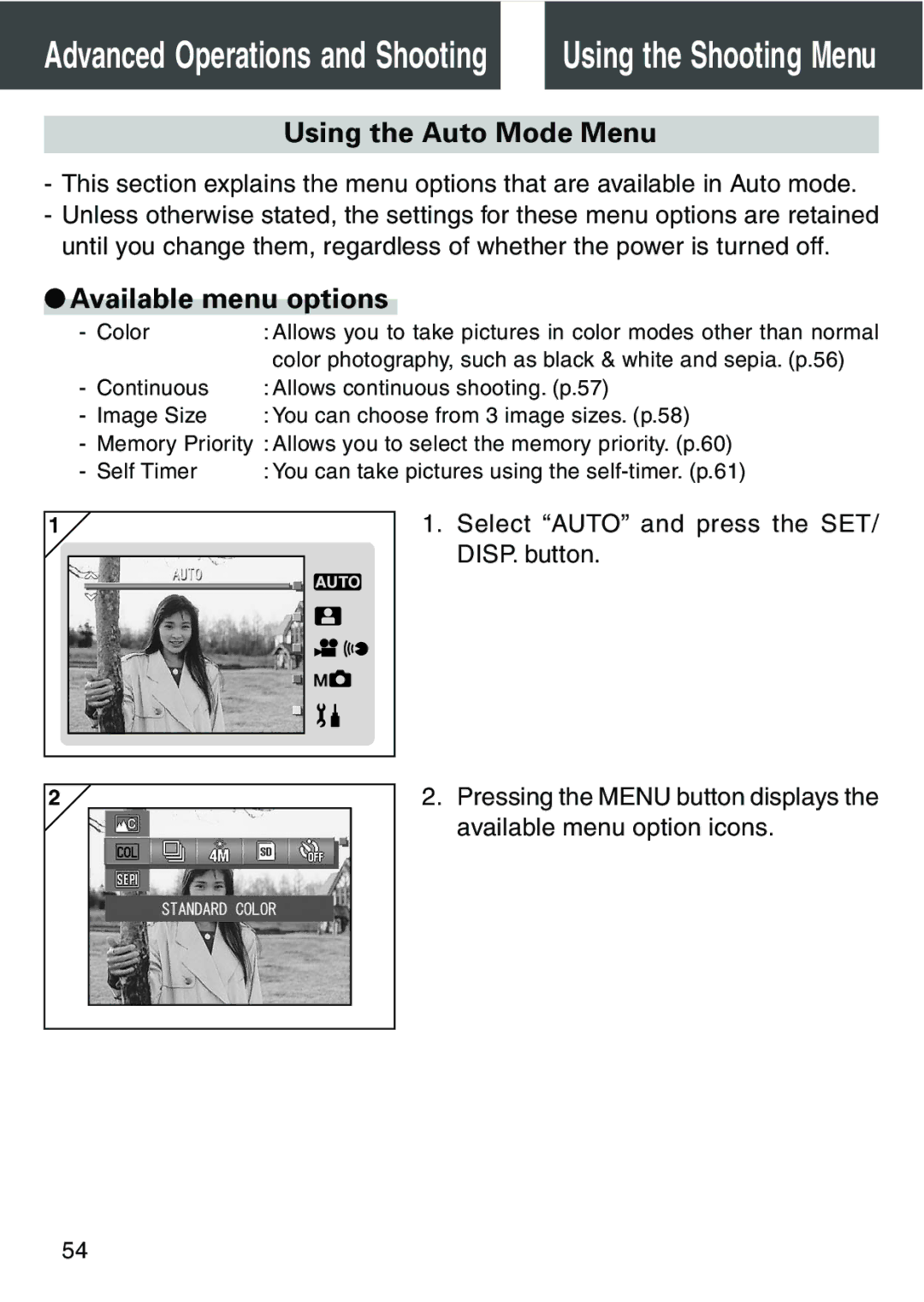 Konica Minolta KD-420Z user manual Using the Auto Mode Menu, Available menu options 