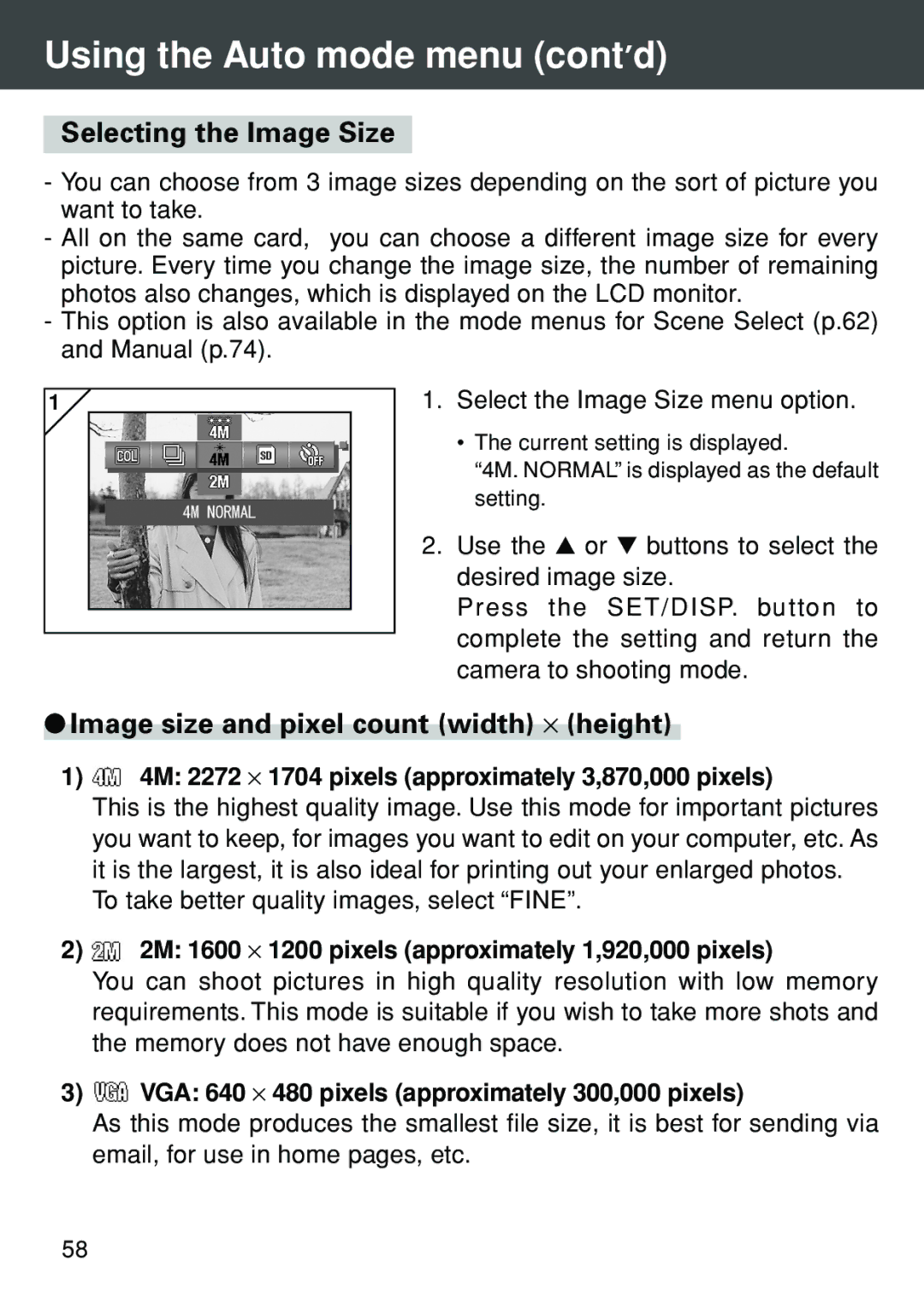 Konica Minolta KD-420Z user manual Selecting the Image Size, Image size and pixel count width ⋅ height 