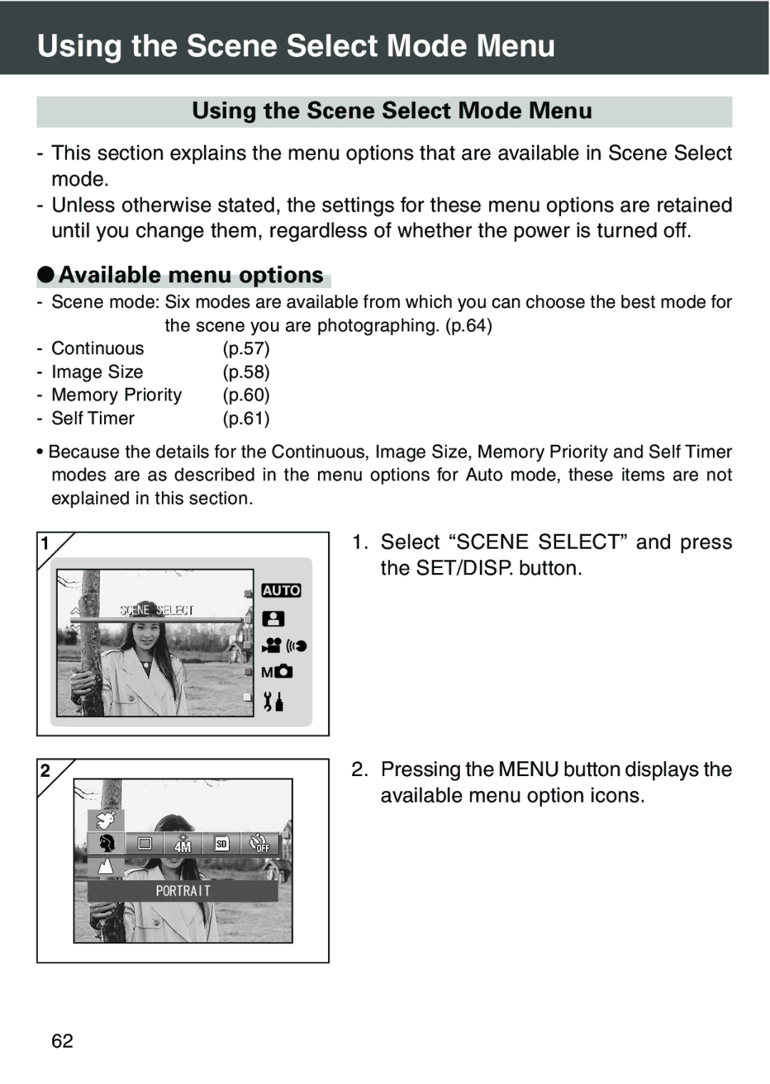 Konica Minolta KD-420Z user manual Using the Scene Select Mode Menu 