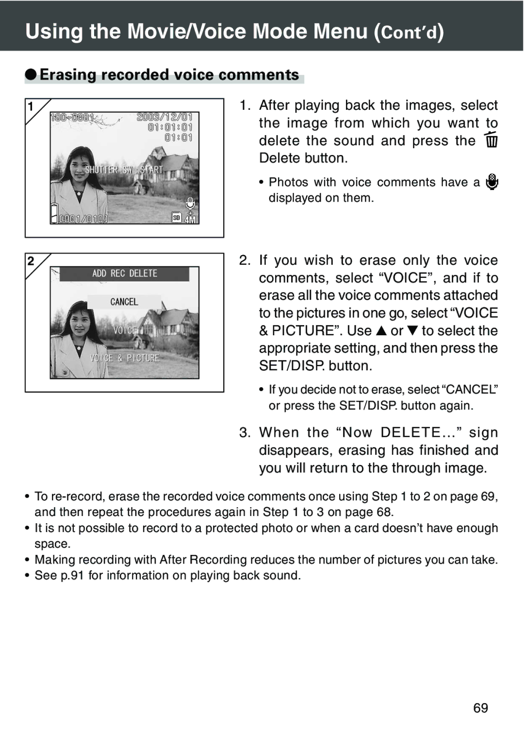 Konica Minolta KD-420Z user manual Erasing recorded voice comments 