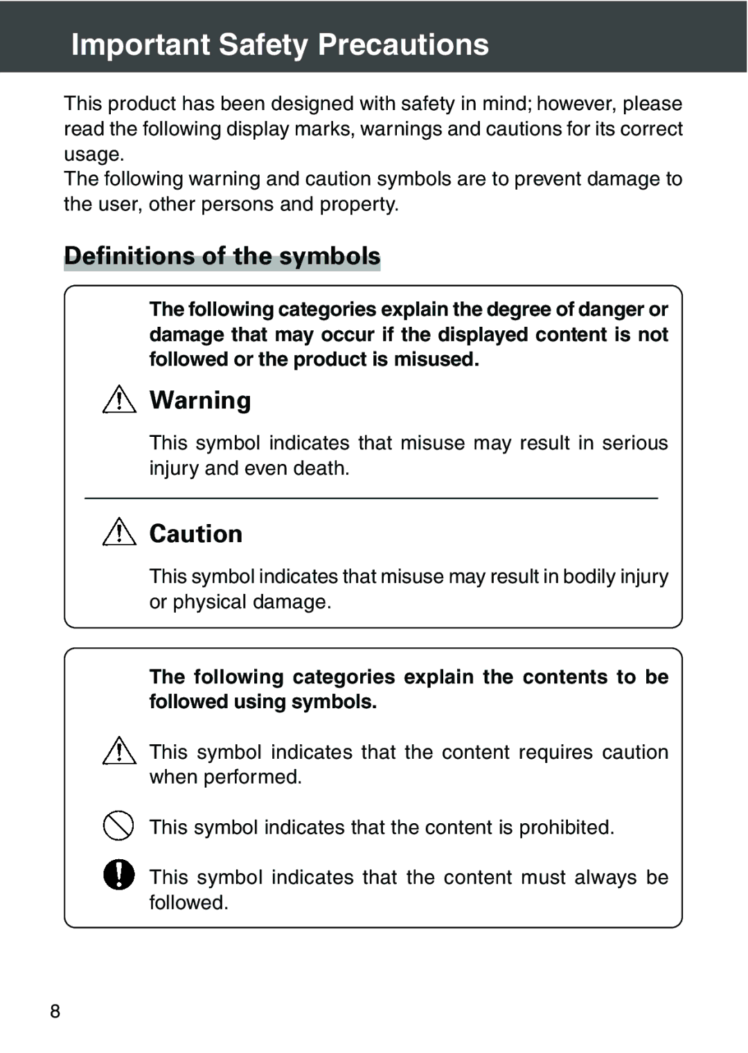 Konica Minolta KD-420Z user manual Important Safety Precautions, Definitions of the symbols 