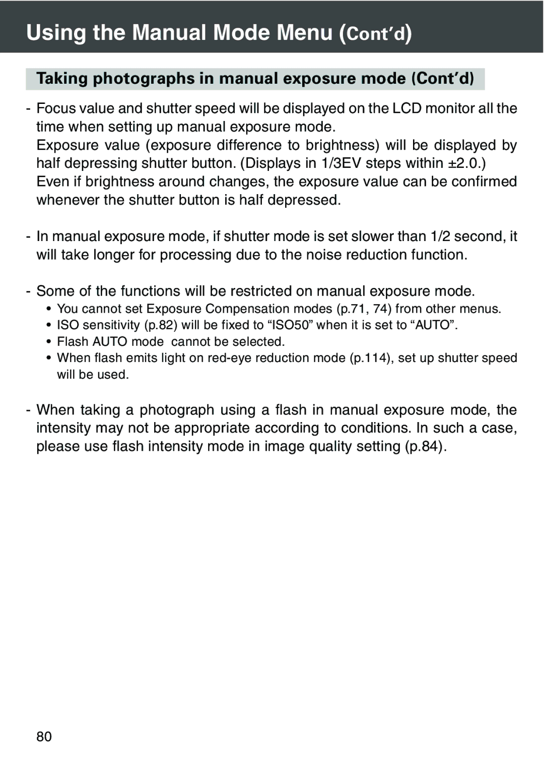 Konica Minolta KD-420Z user manual Taking photographs in manual exposure mode Cont’d 