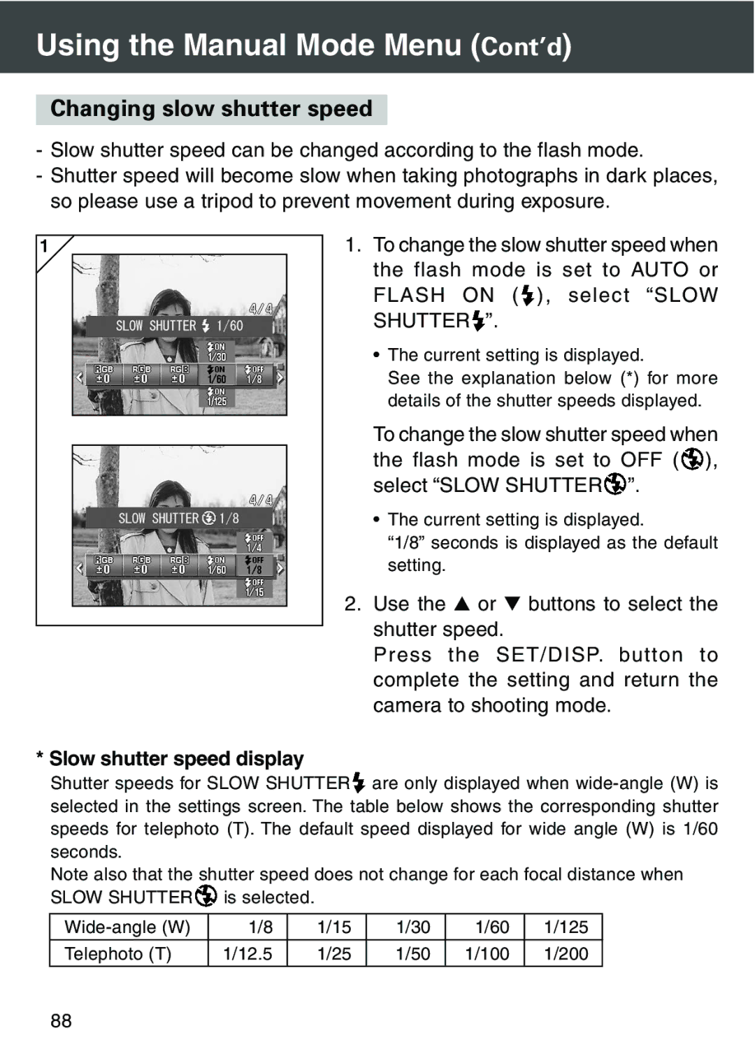 Konica Minolta KD-420Z user manual Changing slow shutter speed, Slow shutter speed display 