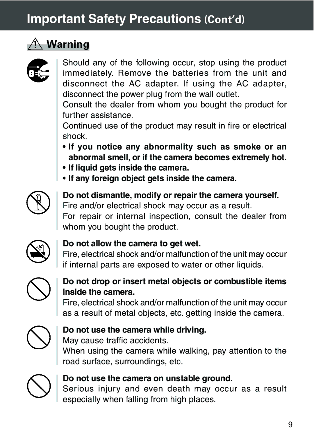 Konica Minolta KD-420Z user manual Important Safety Precautions Cont’d, Do not allow the camera to get wet 