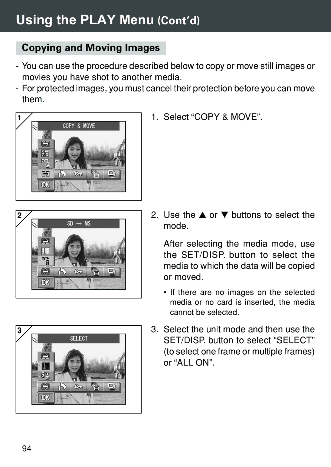 Konica Minolta KD-420Z user manual Using the Play Menu Cont’d, Copying and Moving Images 