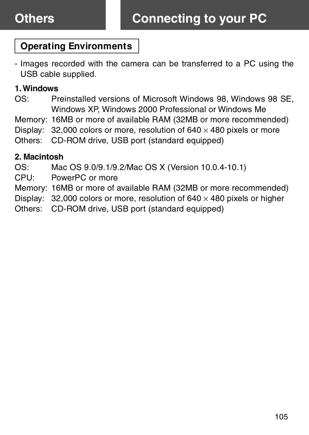 Konica Minolta KD-500Z user manual Others Connecting to your PC, Operating Environments, Windows, Macintosh 