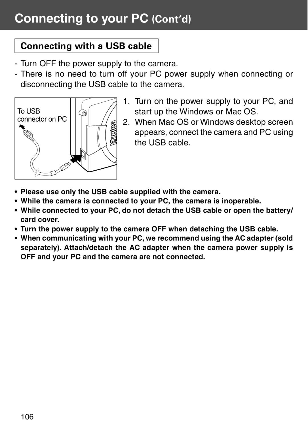 Konica Minolta KD-500Z user manual Connecting to your PC Cont’d, Connecting with a USB cable 