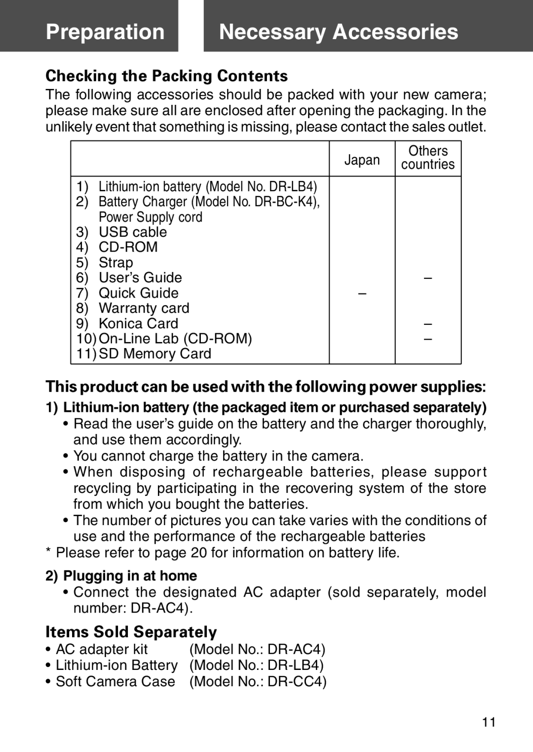 Konica Minolta KD-500Z user manual Preparation Necessary Accessories, Checking the Packing Contents, Items Sold Separately 