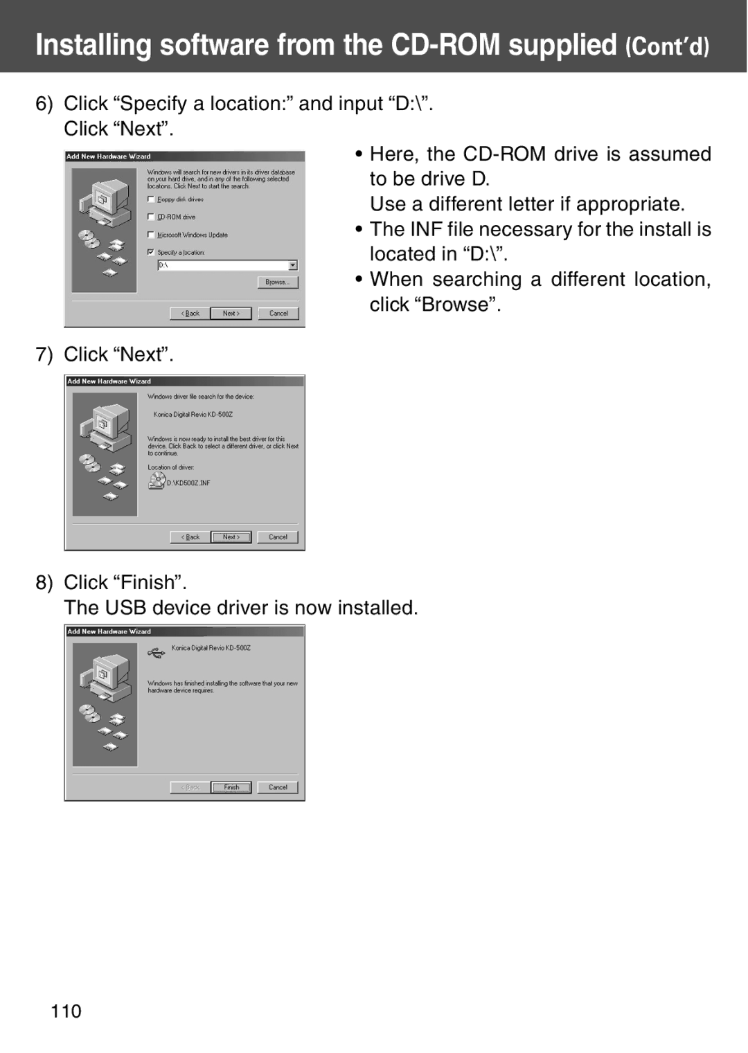 Konica Minolta KD-500Z user manual Installing software from the CD-ROM supplied Cont’d 