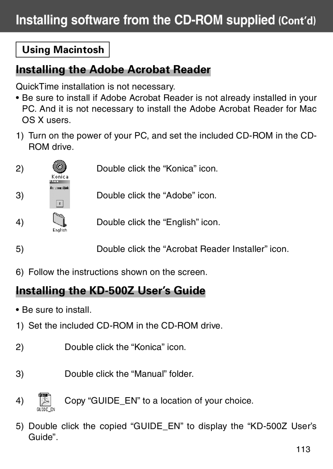 Konica Minolta KD-500Z user manual Installing the Adobe Acrobat Reader, Using Macintosh 