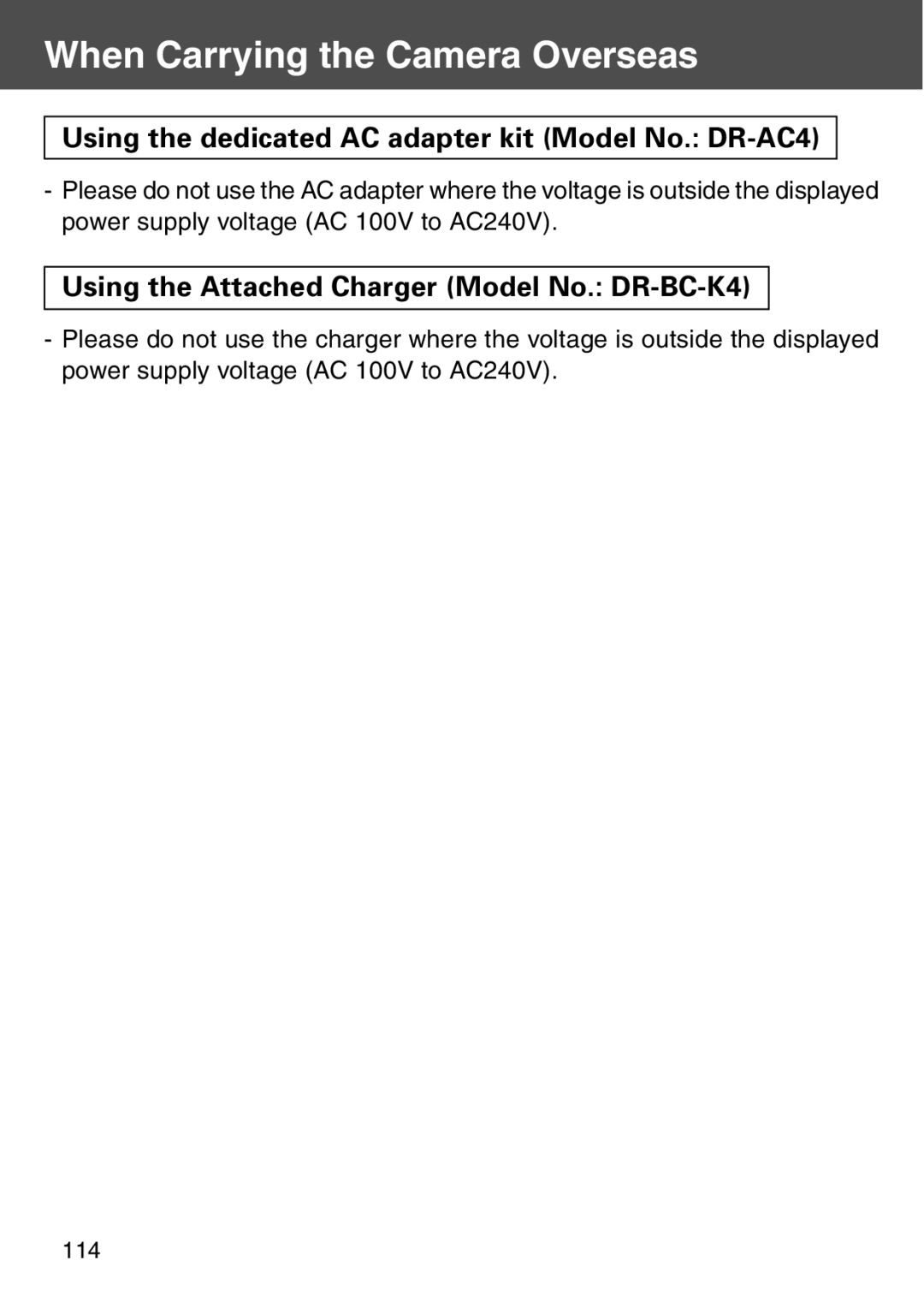 Konica Minolta KD-500Z user manual When Carrying the Camera Overseas, Using the dedicated AC adapter kit Model No. DR-AC4 