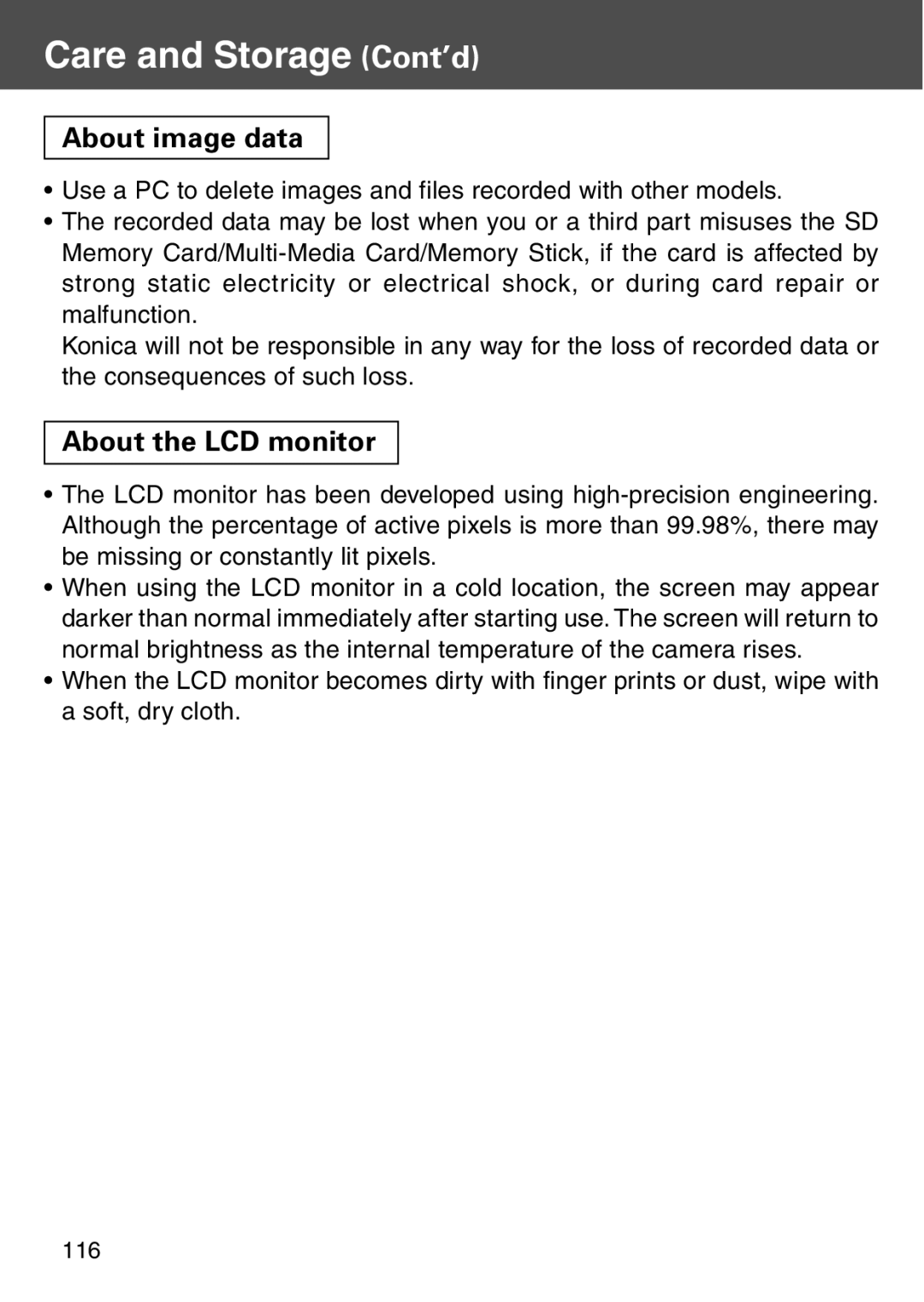 Konica Minolta KD-500Z user manual Care and Storage Cont’d, About image data 