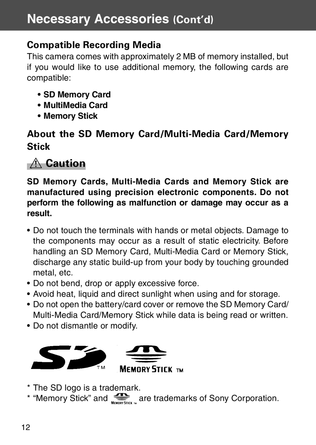 Konica Minolta KD-500Z user manual Necessary Accessories Cont’d, Compatible Recording Media 