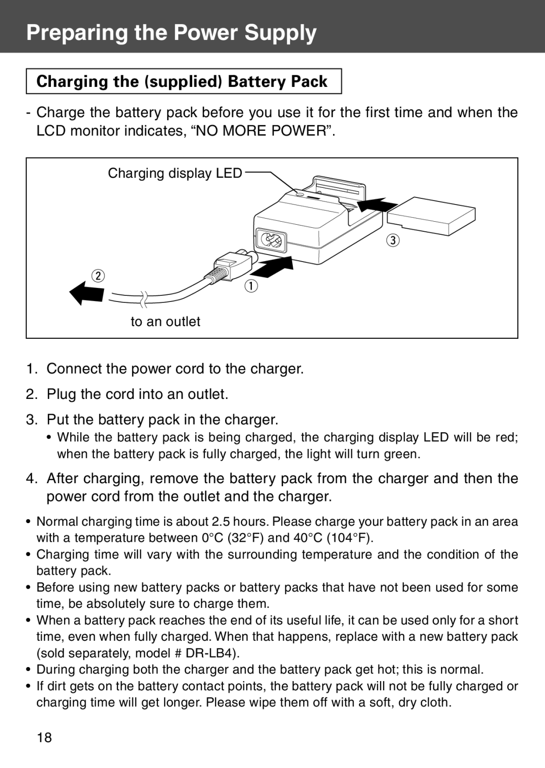 Konica Minolta KD-500Z user manual Preparing the Power Supply, Charging the supplied Battery Pack 