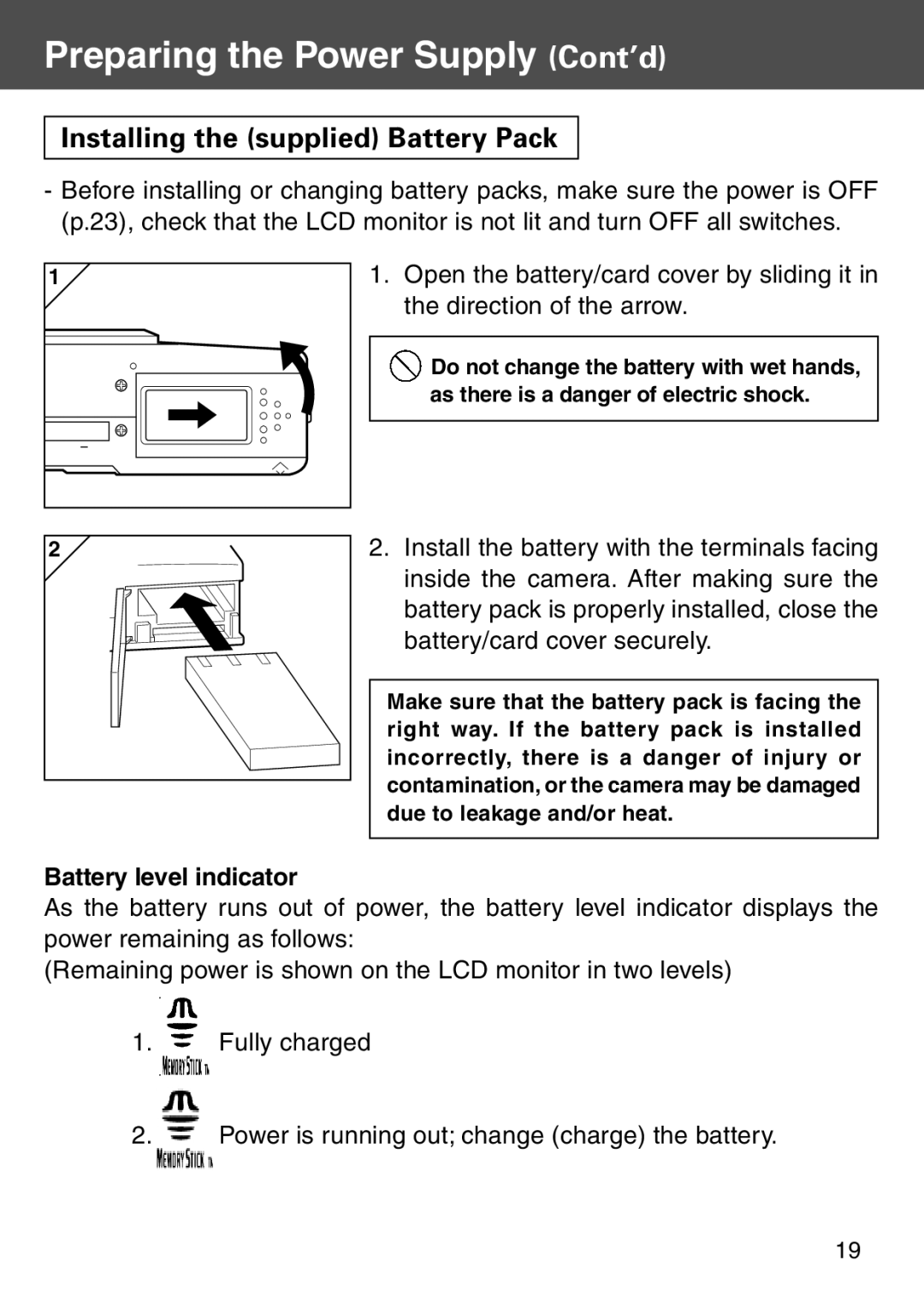 Konica Minolta KD-500Z Preparing the Power Supply Cont’d, Installing the supplied Battery Pack, Battery level indicator 