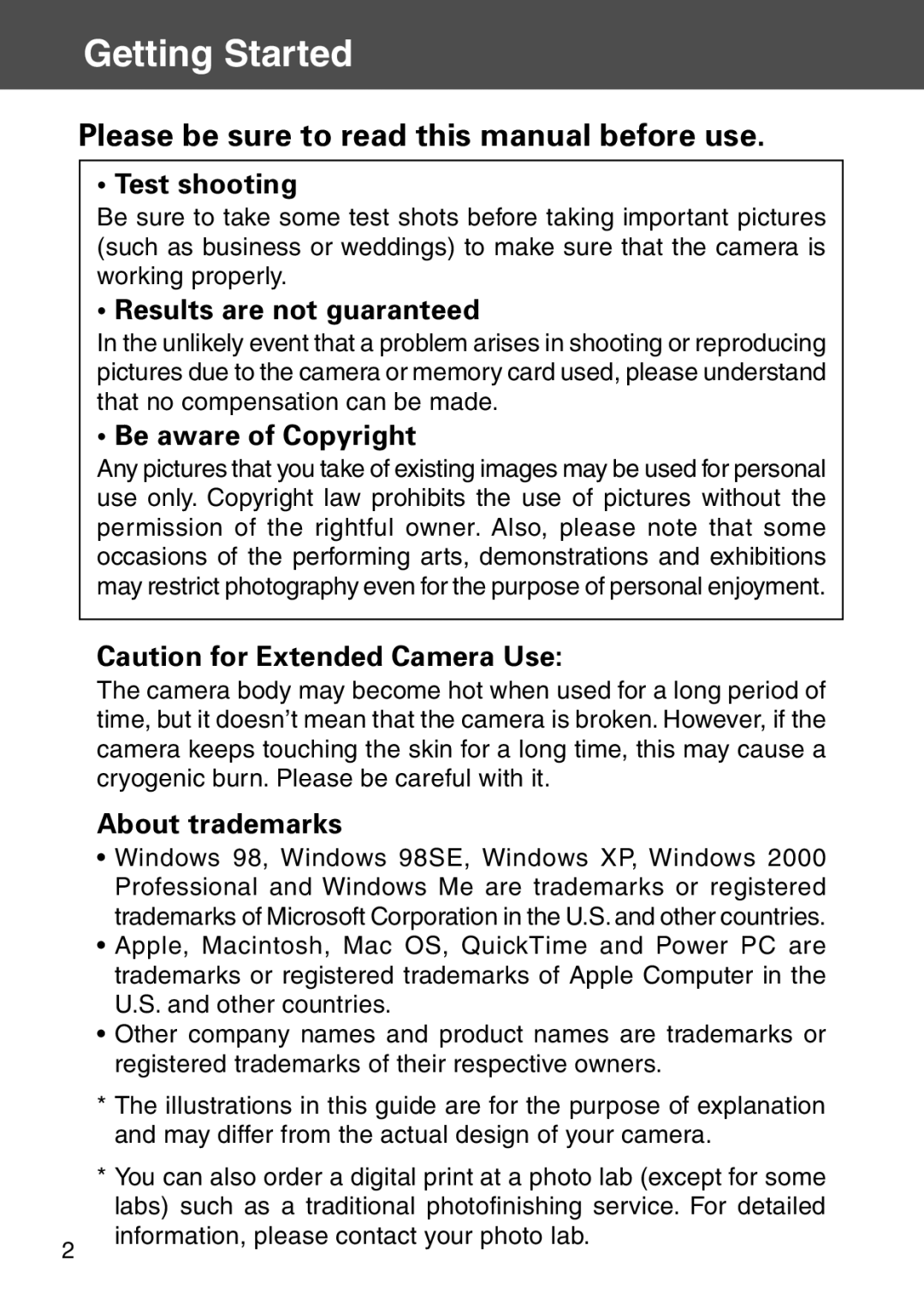 Konica Minolta KD-500Z Getting Started, Test shooting, Results are not guaranteed, Be aware of Copyright, About trademarks 