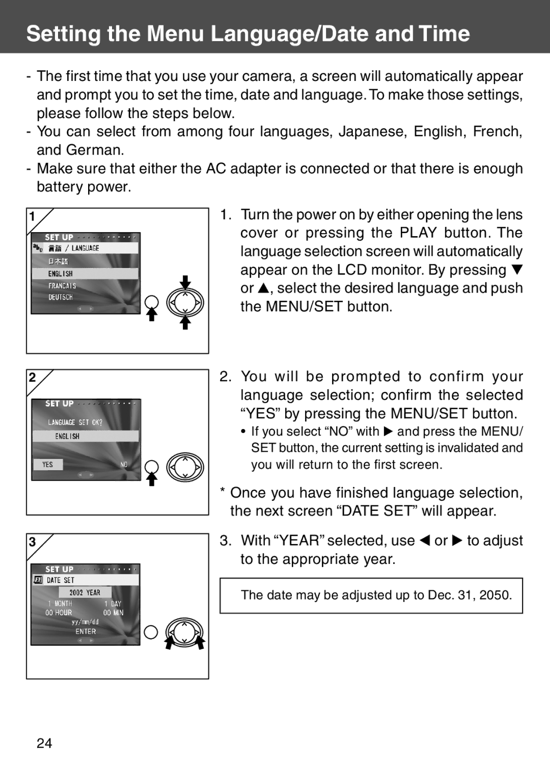 Konica Minolta KD-500Z user manual Setting the Menu Language/Date and Time 