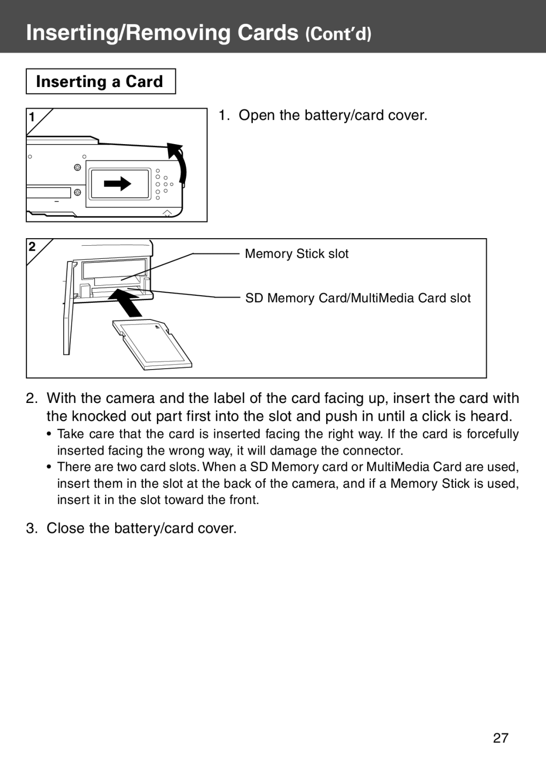 Konica Minolta KD-500Z user manual Inserting/Removing Cards Cont’d, Inserting a Card, Open the battery/card cover 