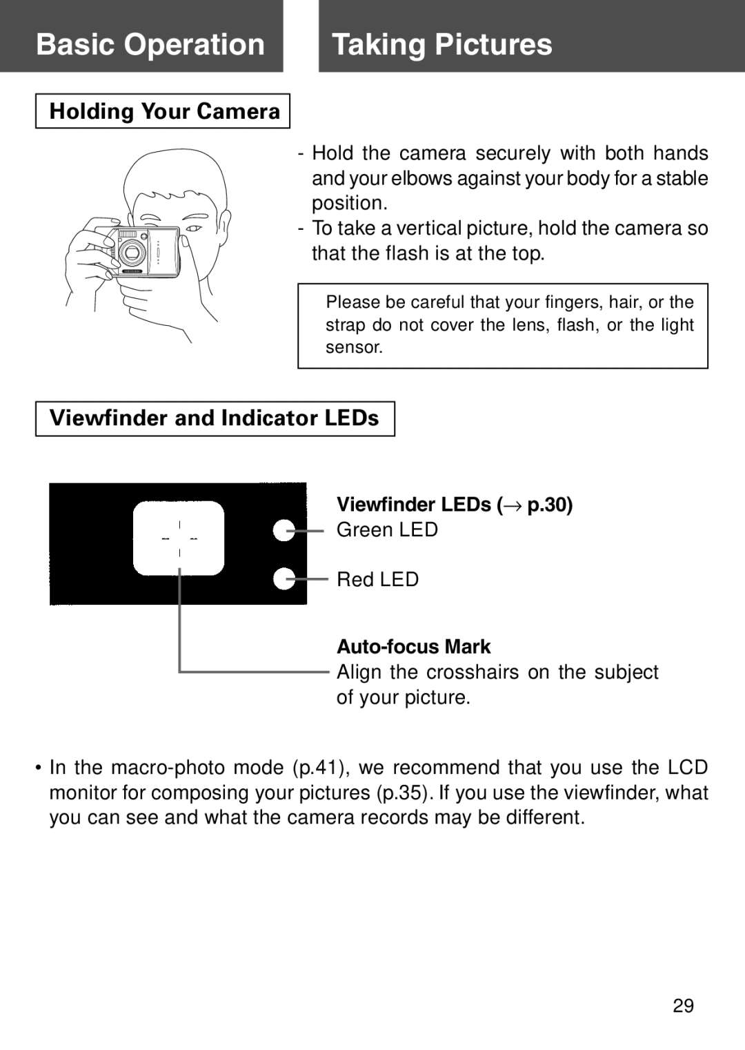 Konica Minolta KD-500Z user manual Basic Operation Taking Pictures, Holding Your Camera, Viewfinder and Indicator LEDs 