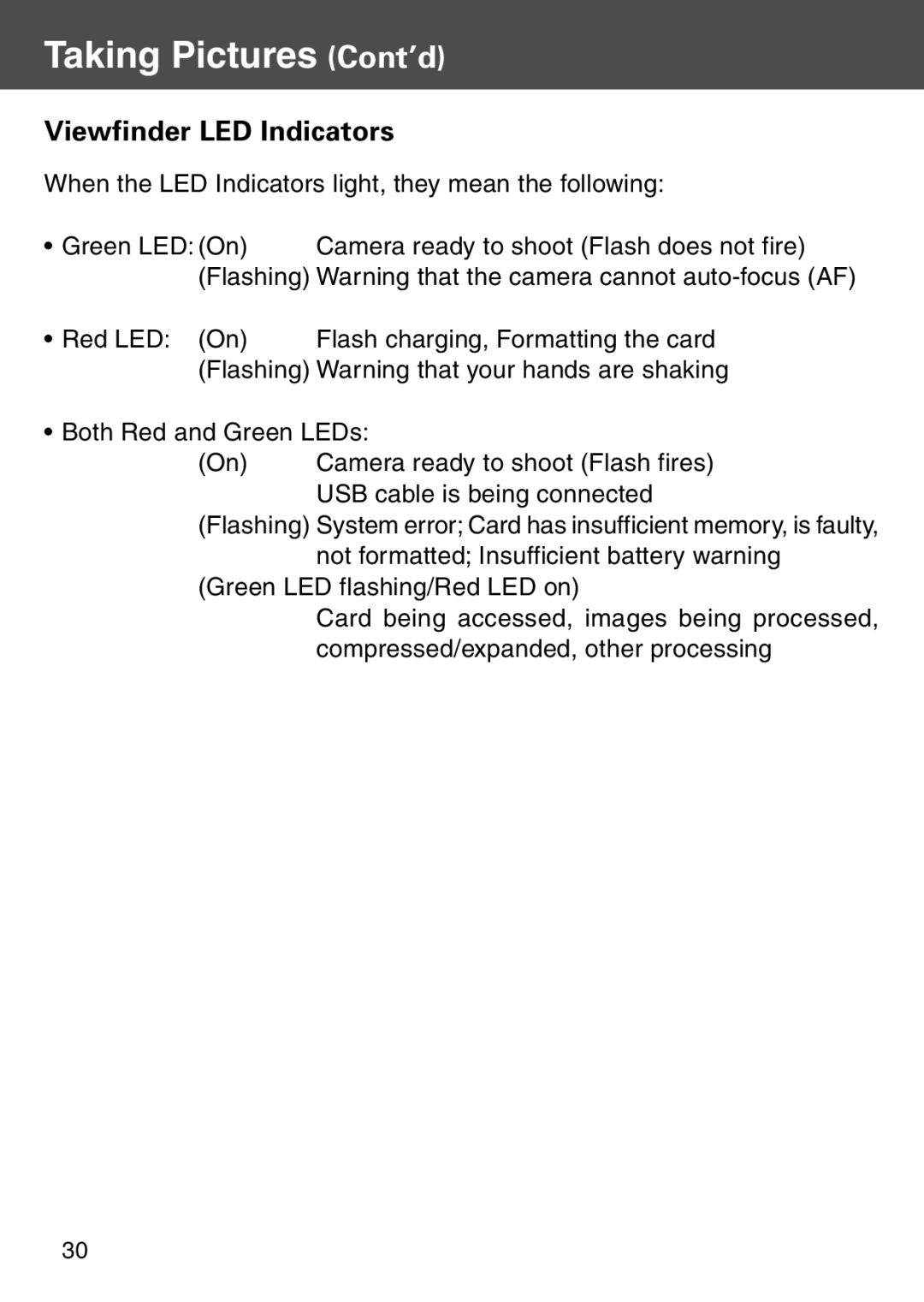 Konica Minolta KD-500Z user manual Taking Pictures Cont’d, Viewfinder LED Indicators 