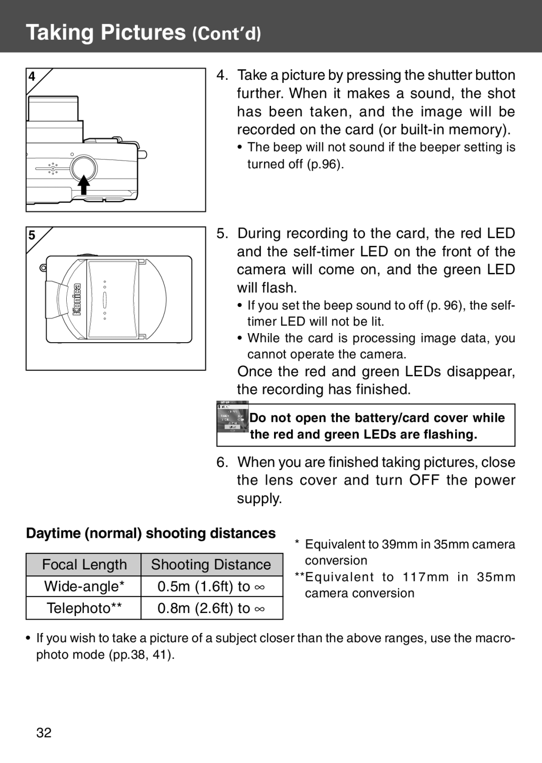 Konica Minolta KD-500Z user manual Focal Length Shooting Distance Wide-angle 