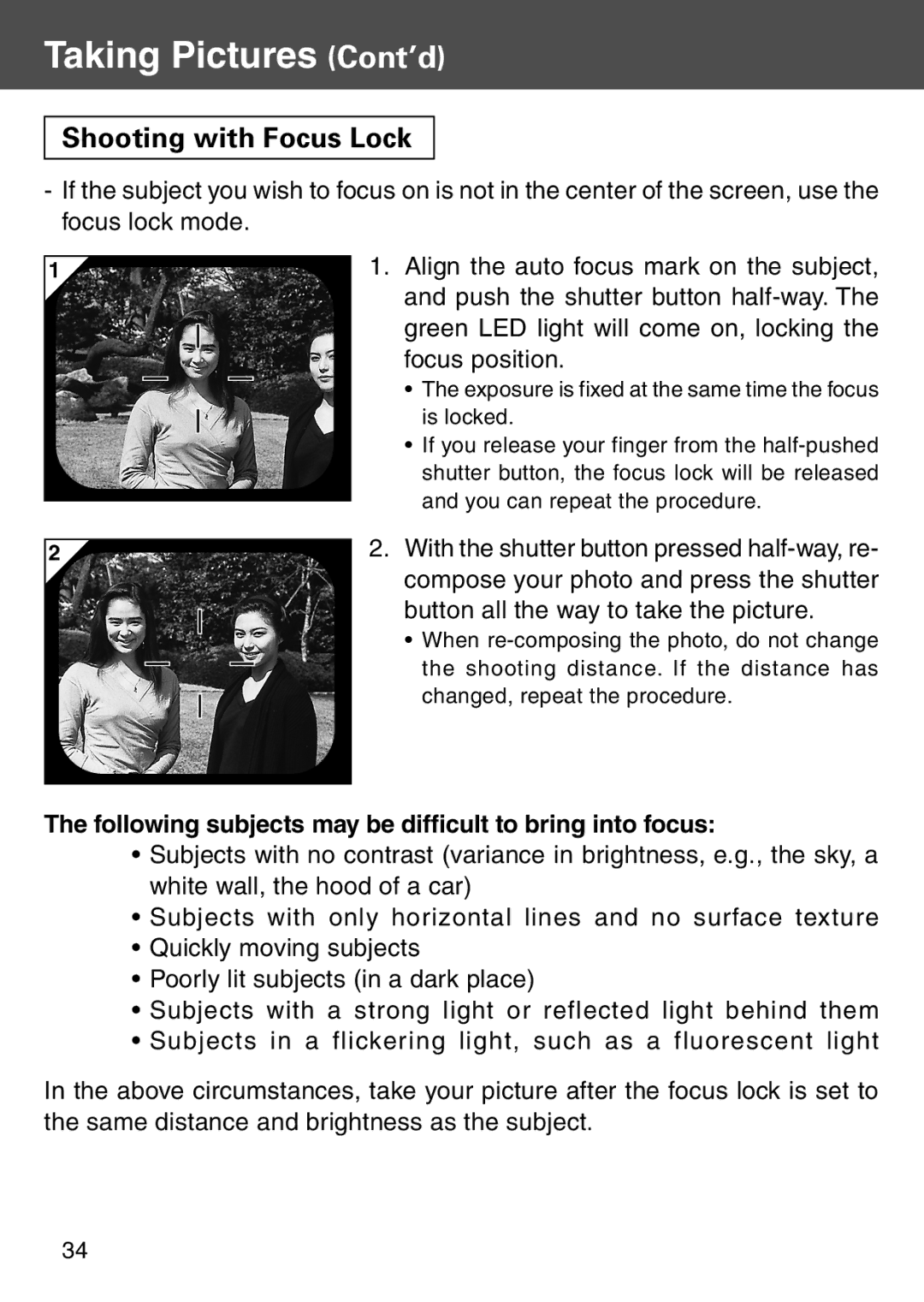 Konica Minolta KD-500Z user manual Shooting with Focus Lock, Following subjects may be difficult to bring into focus 