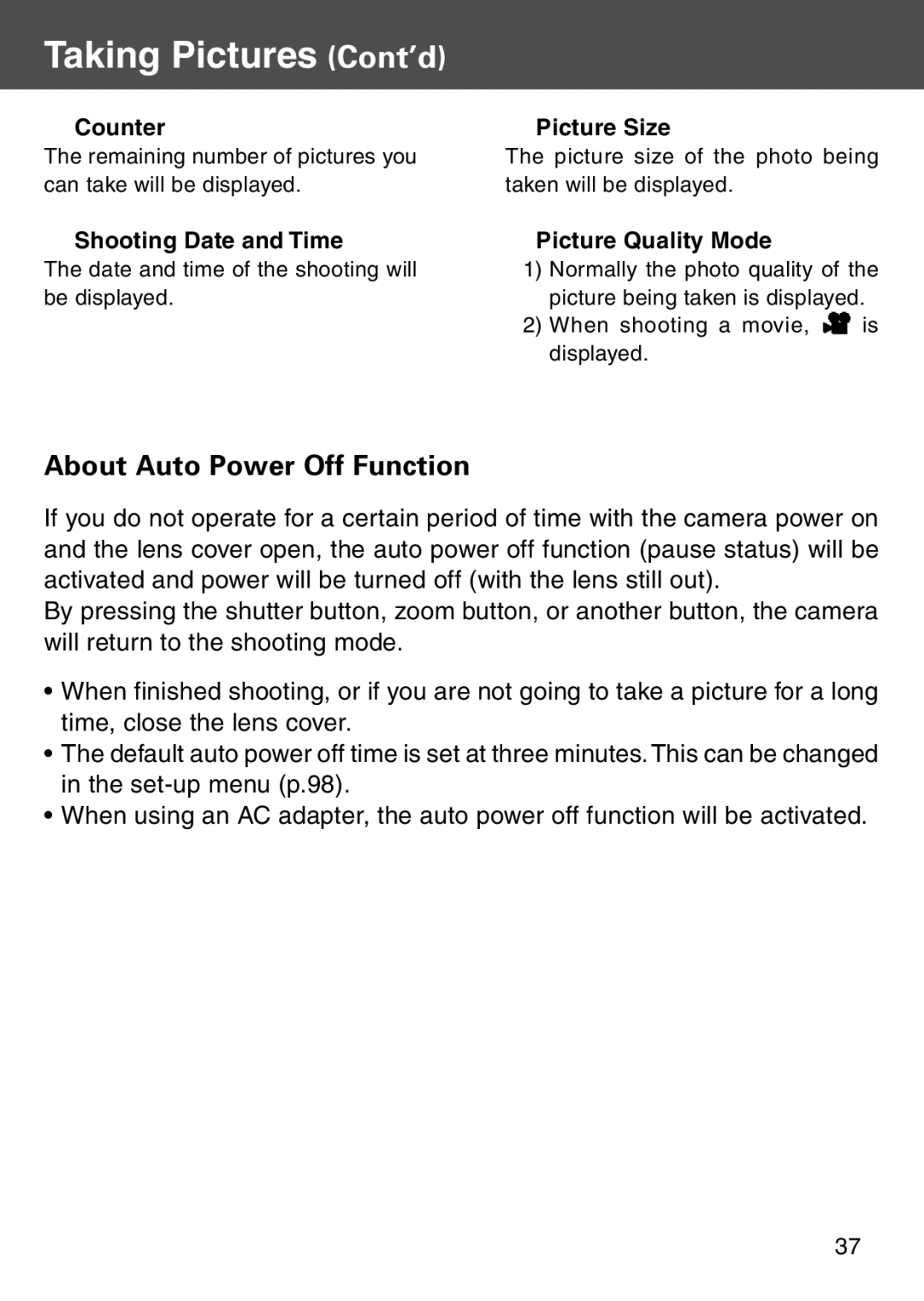 Konica Minolta KD-500Z user manual About Auto Power Off Function, 1Picture Quality Mode 