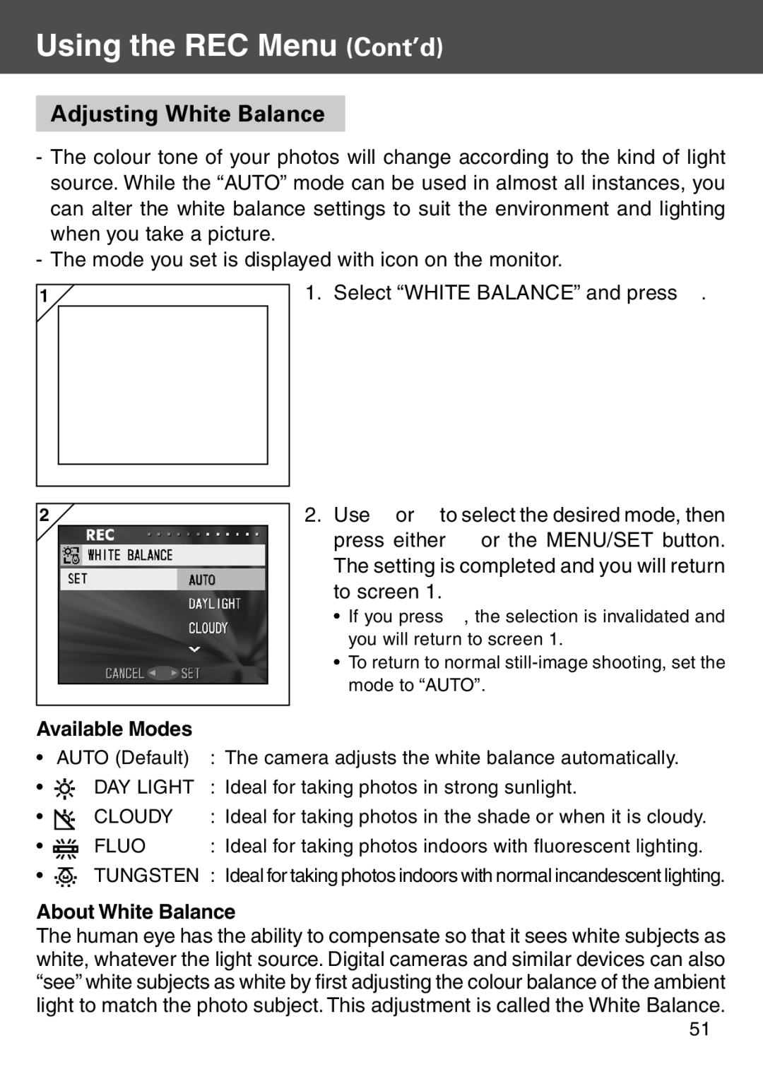 Konica Minolta KD-500Z user manual Adjusting White Balance, Available Modes, About White Balance 