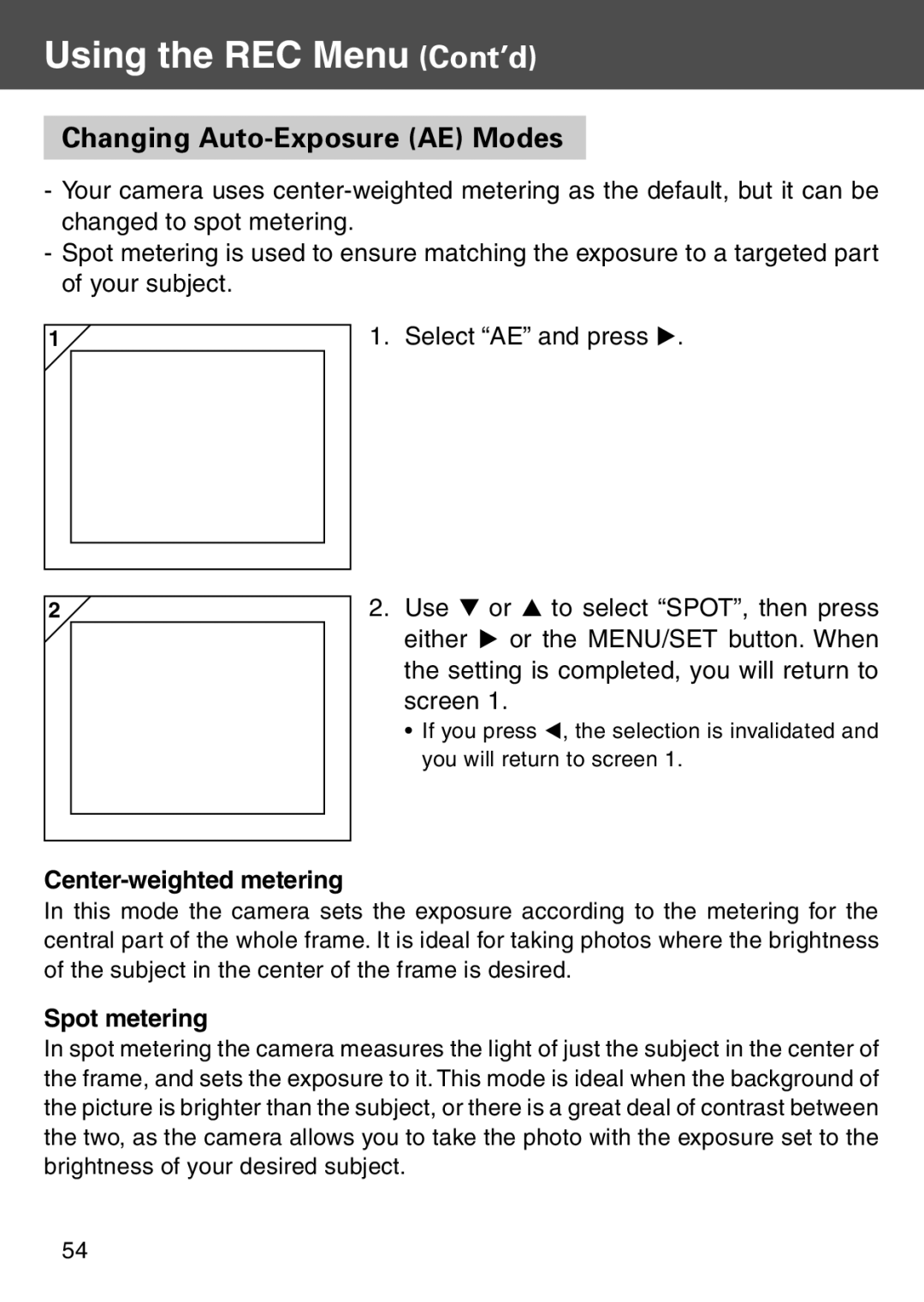 Konica Minolta KD-500Z user manual Changing Auto-Exposure AE Modes, Center-weighted metering, Spot metering 