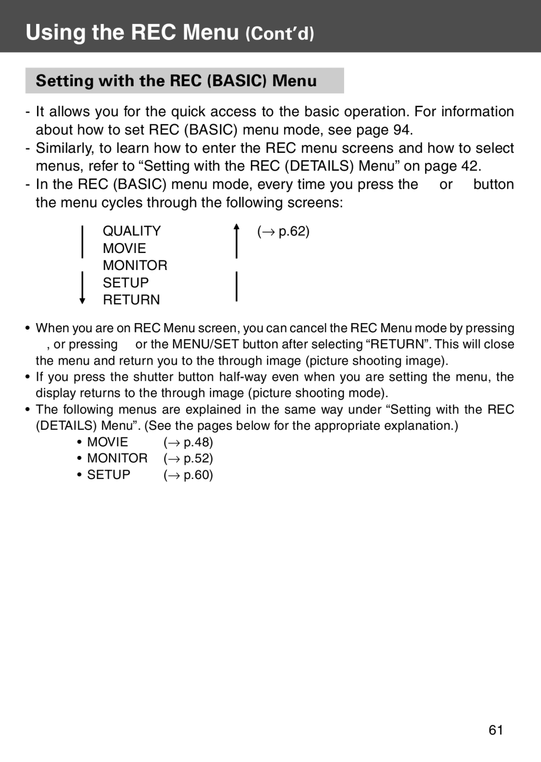 Konica Minolta KD-500Z user manual Setting with the REC Basic Menu, Movie Monitor Setup Return 