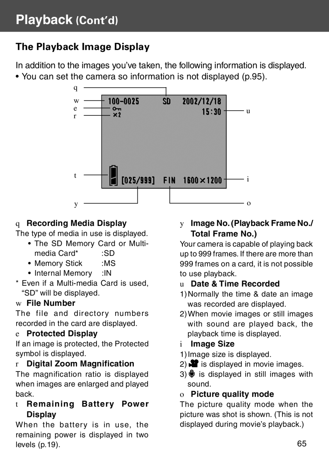 Konica Minolta KD-500Z user manual Playback Cont’d, Playback Image Display 