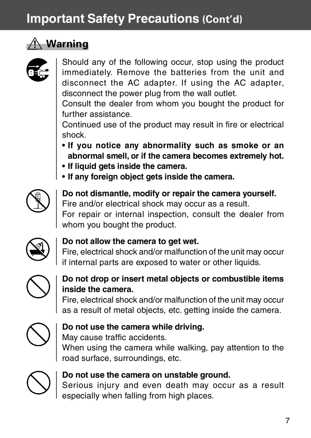 Konica Minolta KD-500Z user manual Important Safety Precautions Cont’d, Do not allow the camera to get wet 