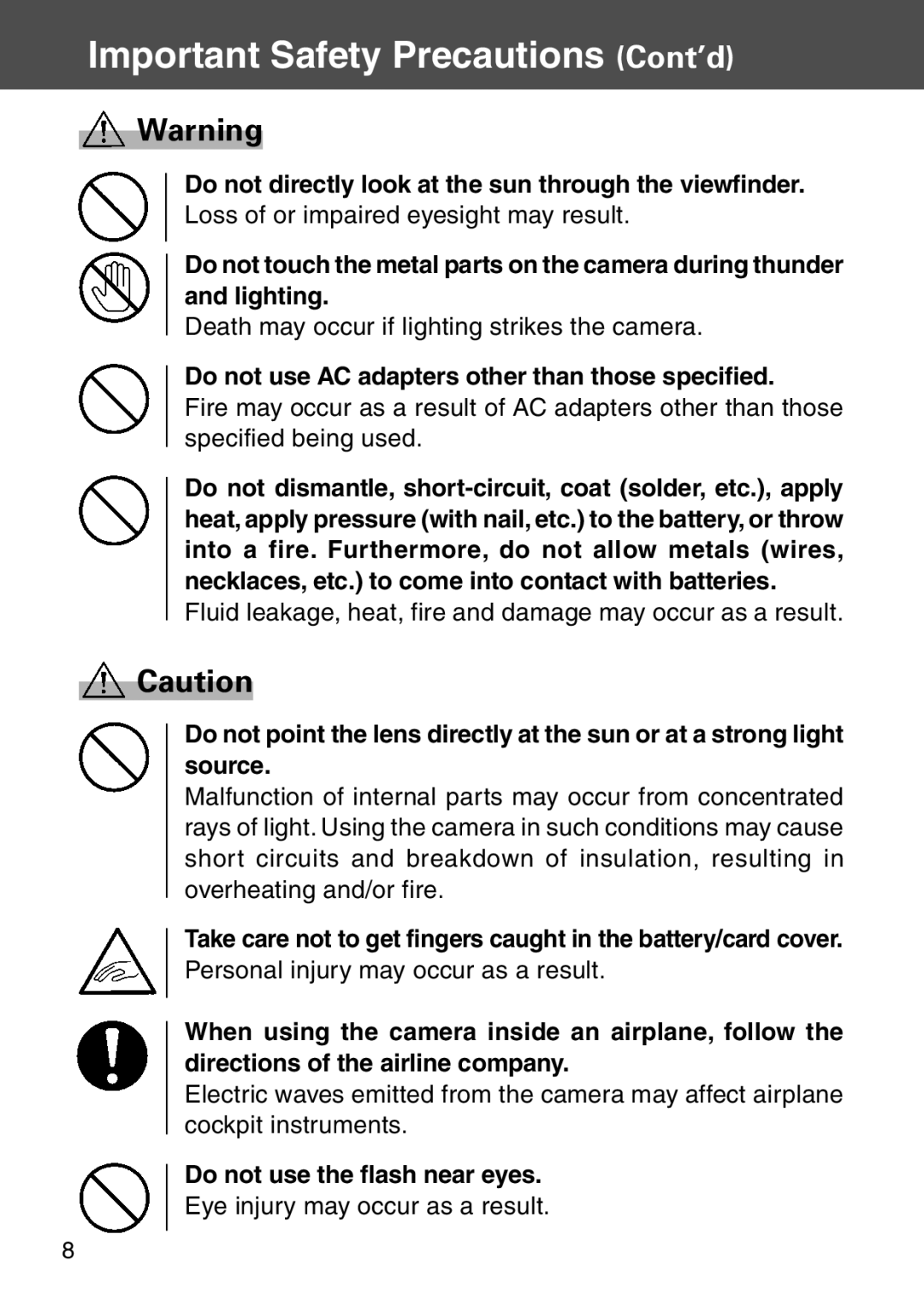 Konica Minolta KD-500Z user manual Do not directly look at the sun through the viewfinder, Do not use the flash near eyes 