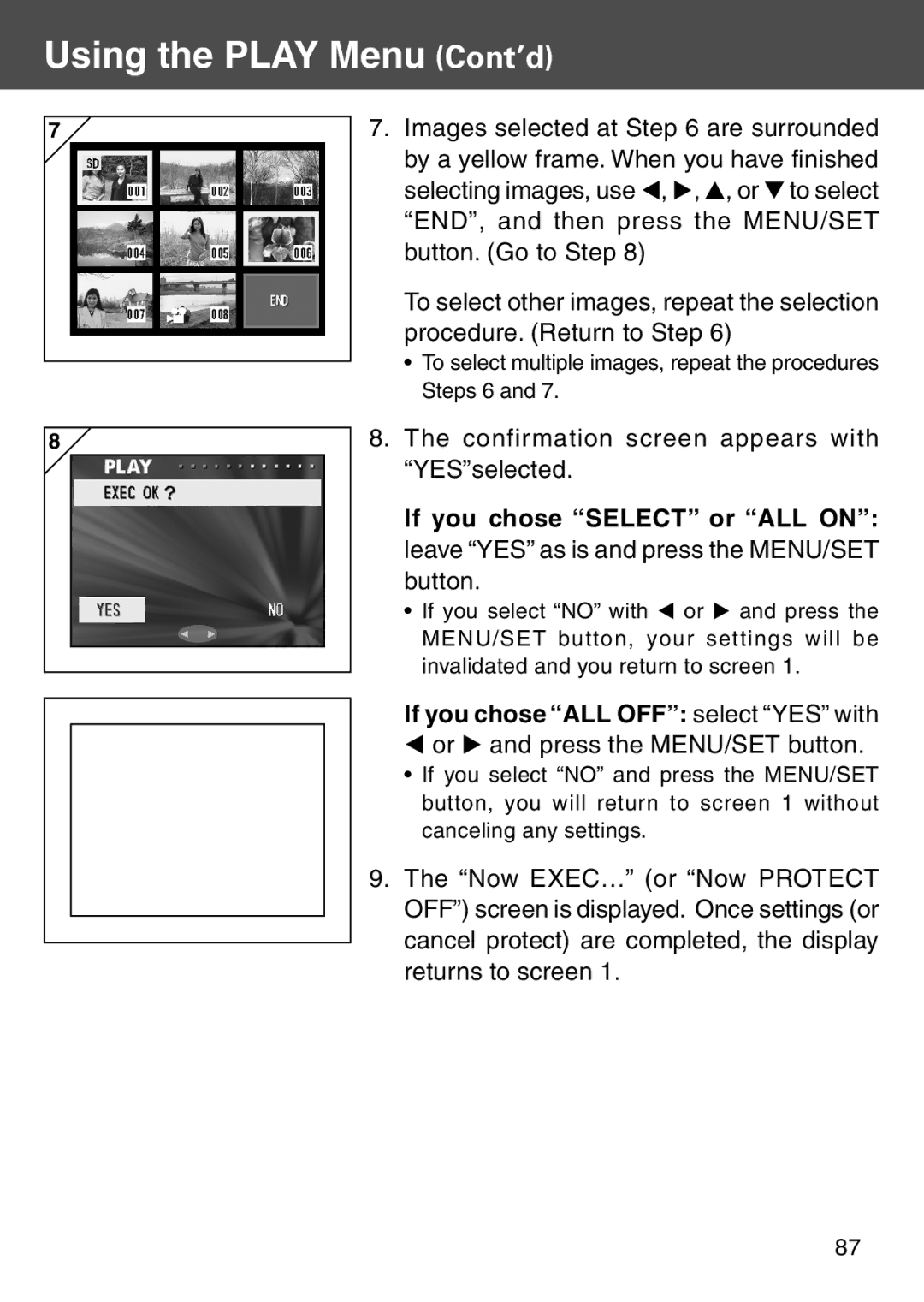 Konica Minolta KD-500Z user manual If you chose ALL OFF select YES with, Or and press the MENU/SET button 