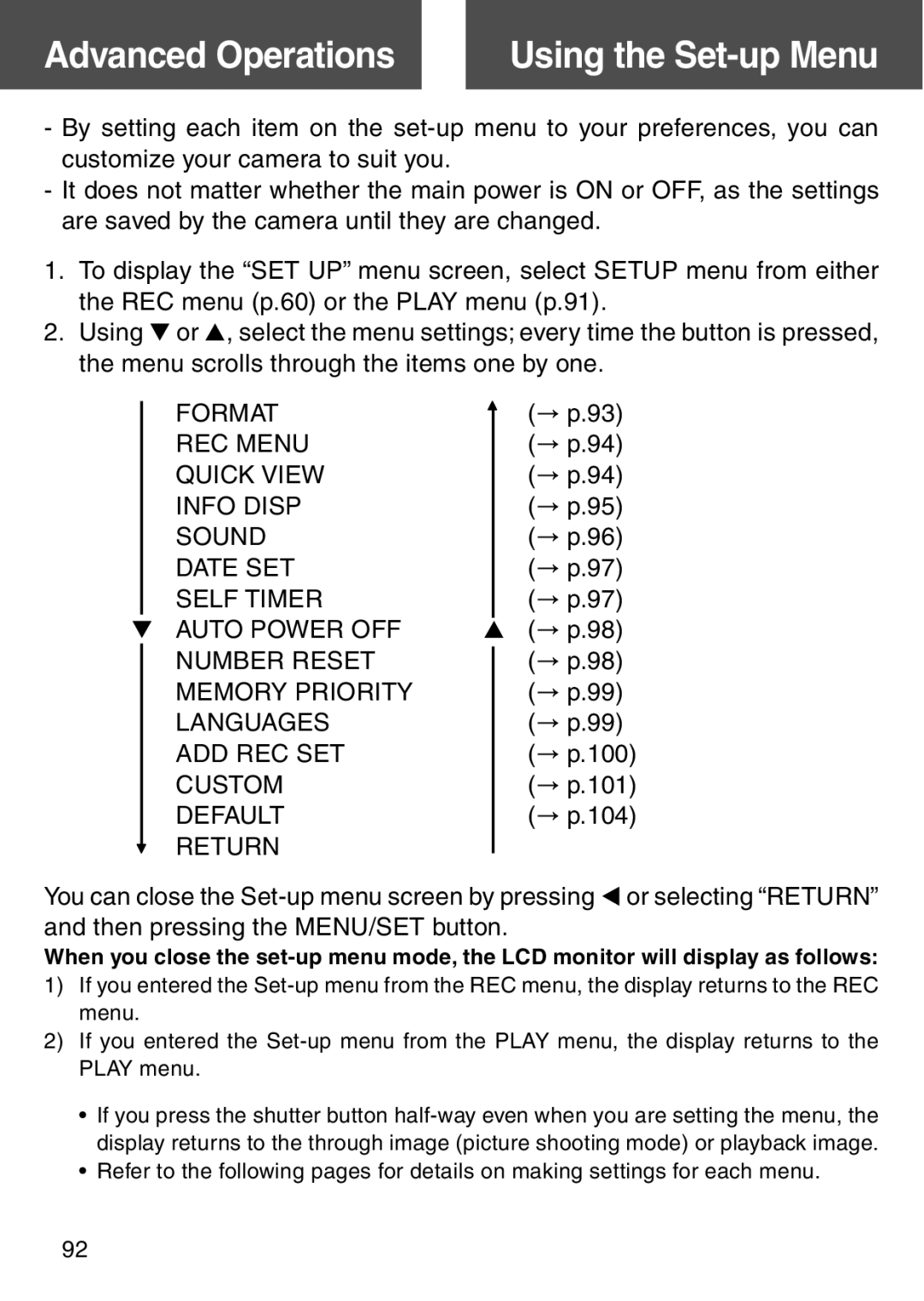 Konica Minolta KD-500Z user manual Using the Set-up Menu, Return 