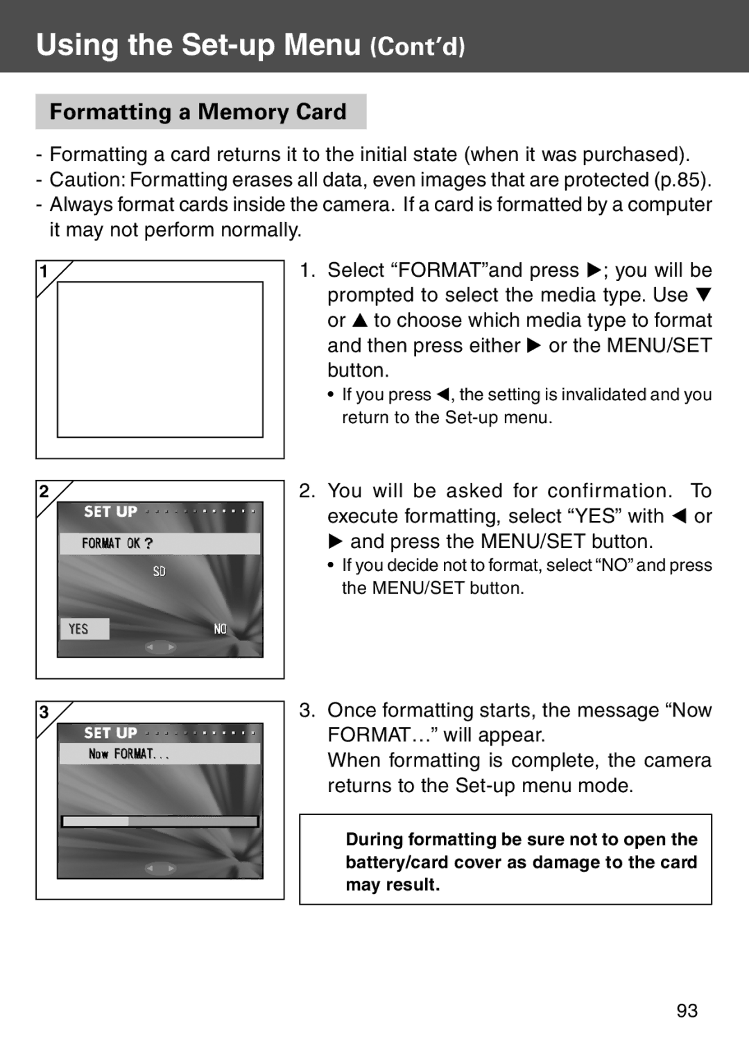 Konica Minolta KD-500Z user manual Using the Set-up Menu Cont’d, Formatting a Memory Card 