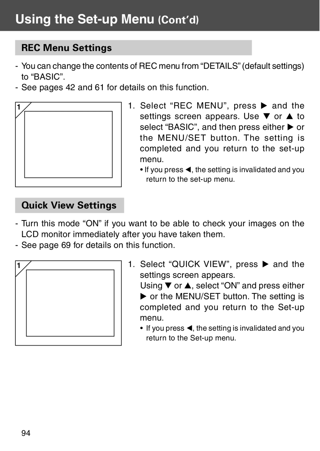 Konica Minolta KD-500Z user manual REC Menu Settings, Quick View Settings 